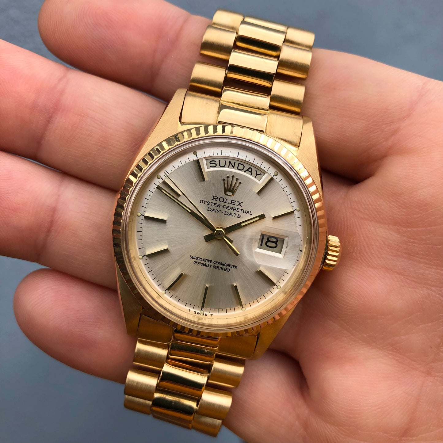 1966 Rolex President 1803 Day Date Yellow Gold Silver Tritium Pie Pan Wristwatch - Hashtag Watch Company