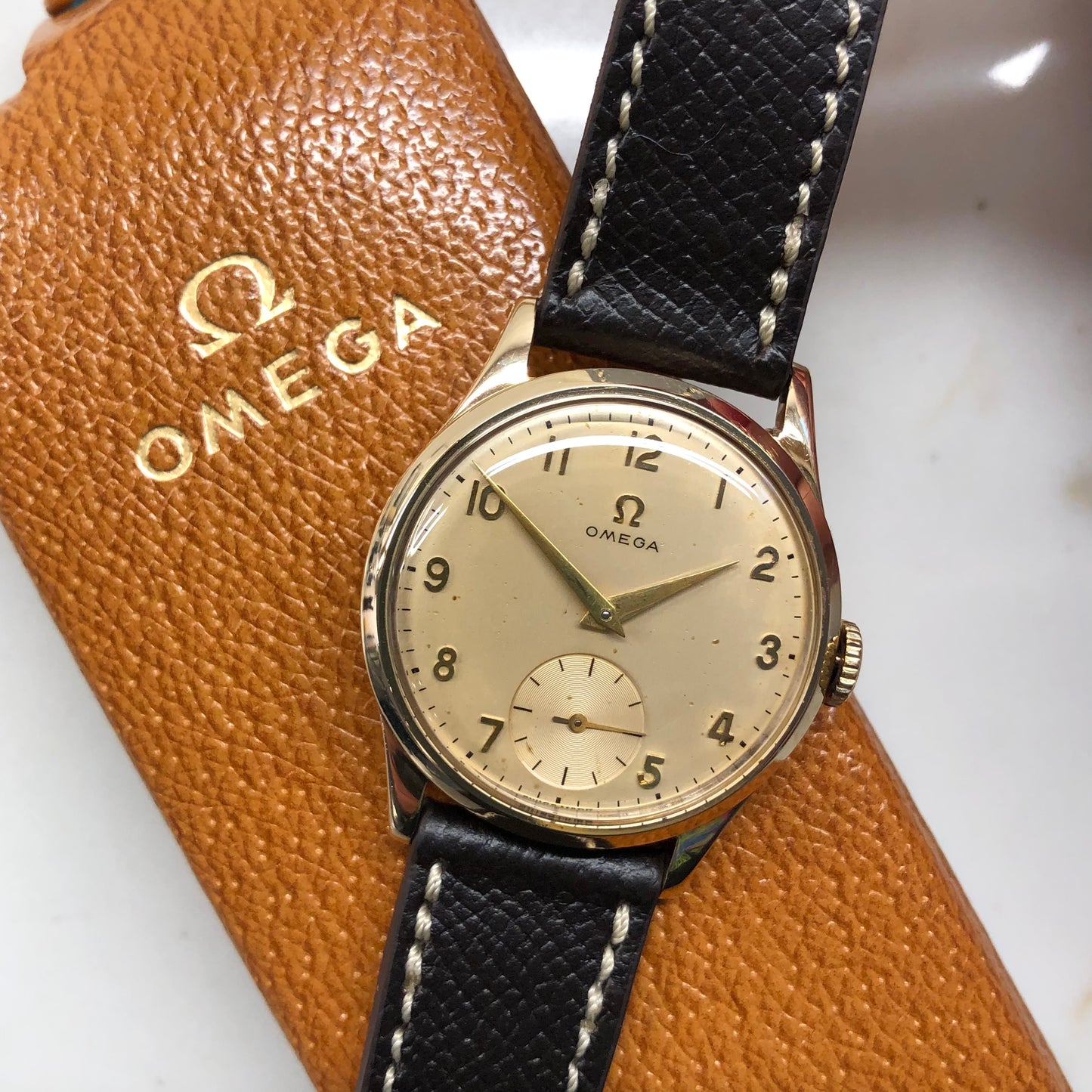 1954 Vintage Omega 9k Gold Made in England Arabic Dial Wristwatch with Original Box and Receipt - Hashtag Watch Company