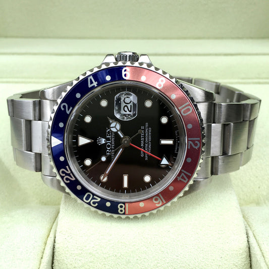 Rolex GMT Master II 16710 Stainless Steel Pepsi "U" Serial Wristwatch Box Papers Circa 1997 - Hashtag Watch Company