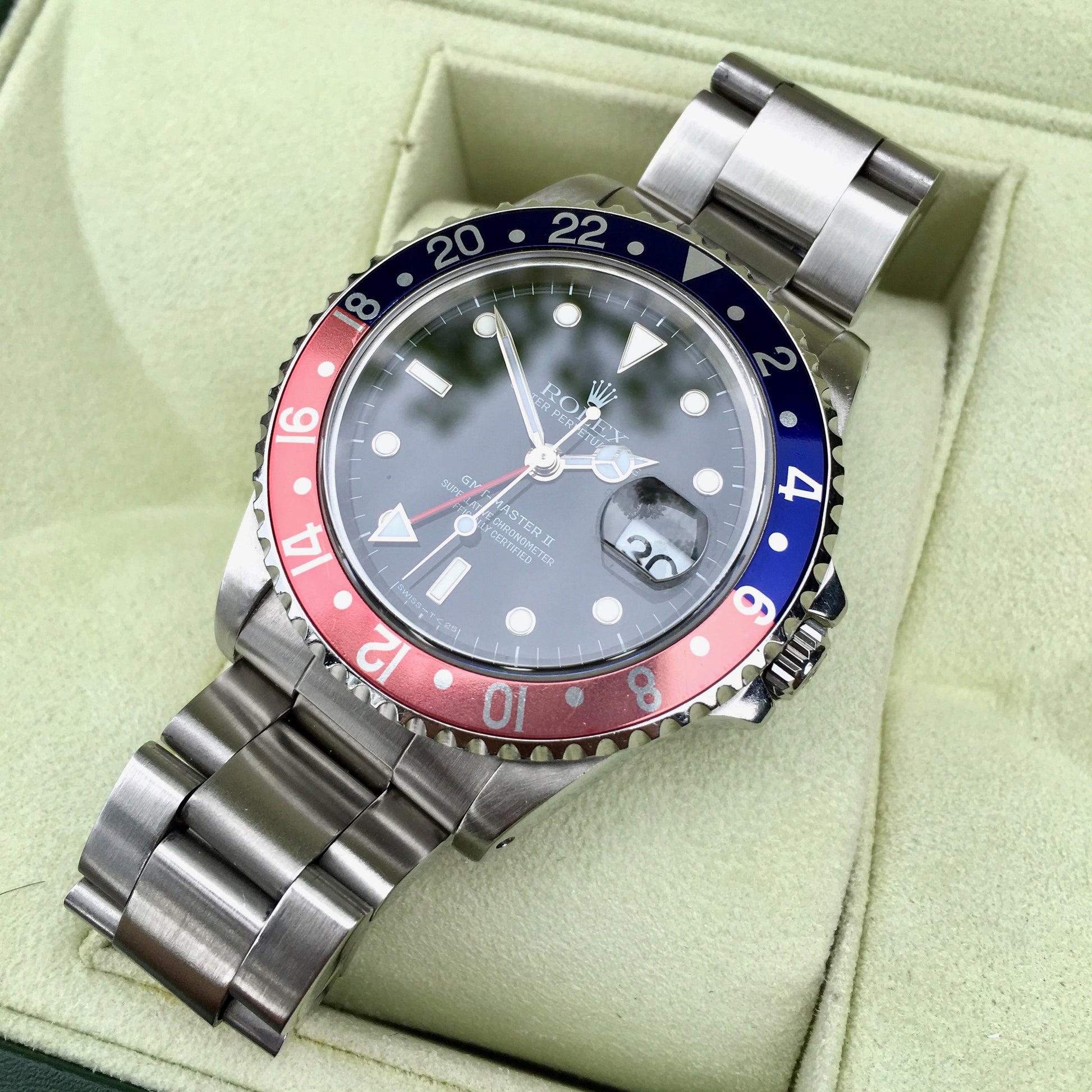 Rolex GMT Master II 16710 Stainless Steel Pepsi "U" Serial Wristwatch Box Papers Circa 1997 - Hashtag Watch Company