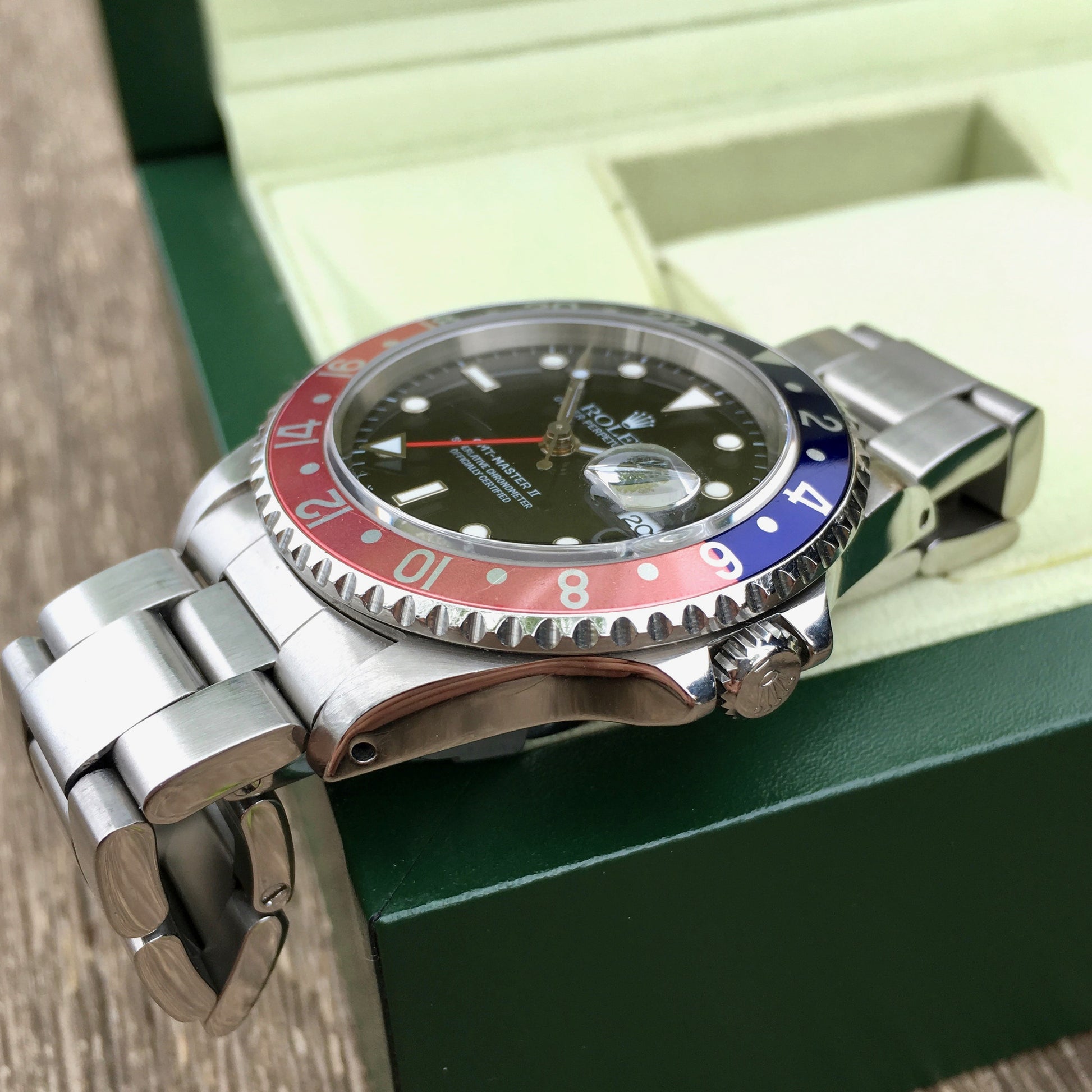 Rolex GMT Master II 16710 Stainless Steel Pepsi "U" Serial Wristwatch Box Papers Circa 1997 - Hashtag Watch Company