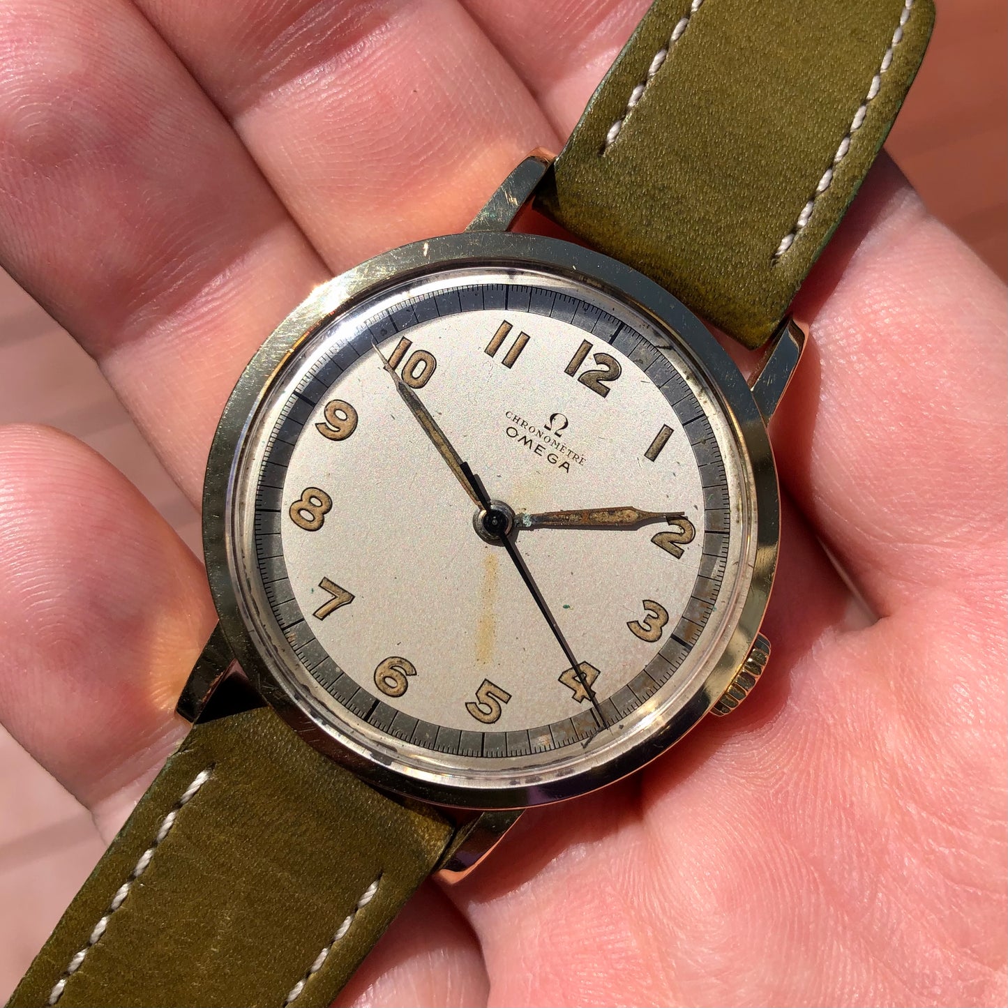 1944 Omega Chronometre 30T2 SC 18K Yellow Gold 35.5mm Original Sector Dial Radium Wristwatch - Hashtag Watch Company