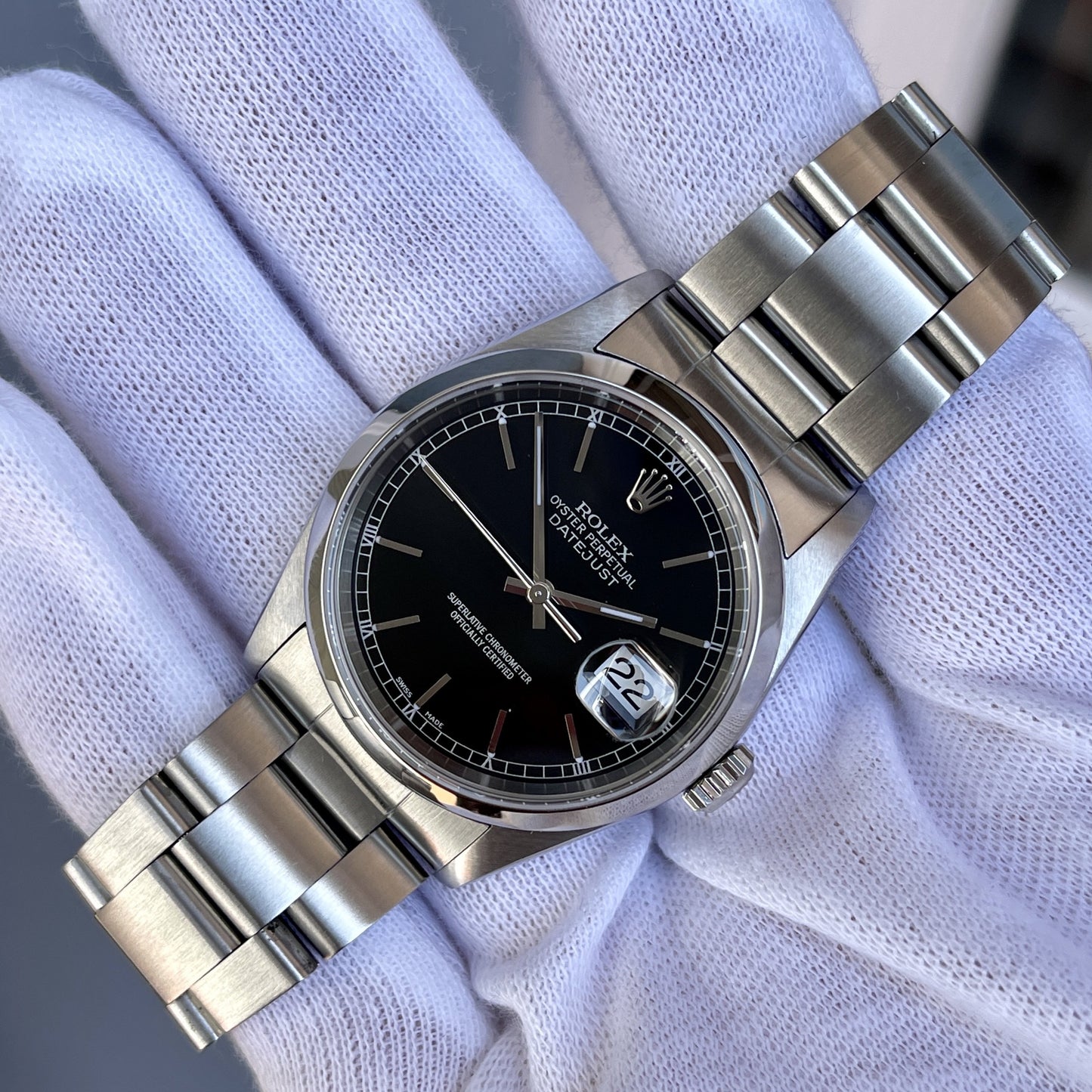 2001 Rolex Datejust 16200 Black Stick Oyster Perpetual Automatic Wristwatch - Hashtag Watch Company