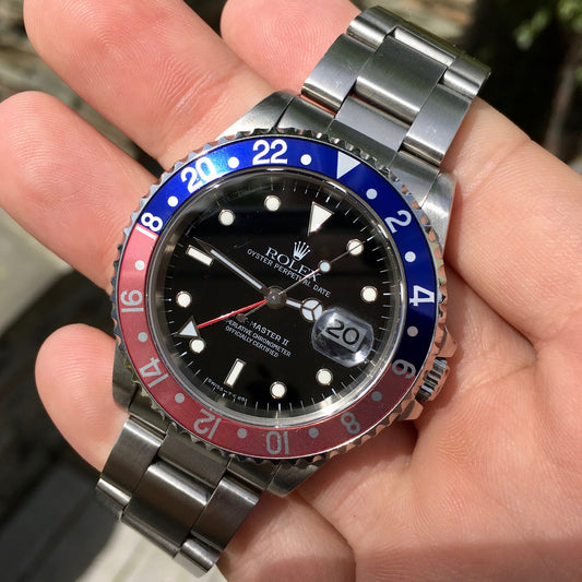 Rolex GMT Master II 16710 Stainless Steel Pepsi "U" Serial Wristwatch Box Papers Circa 1997 - Hashtag Watch Company