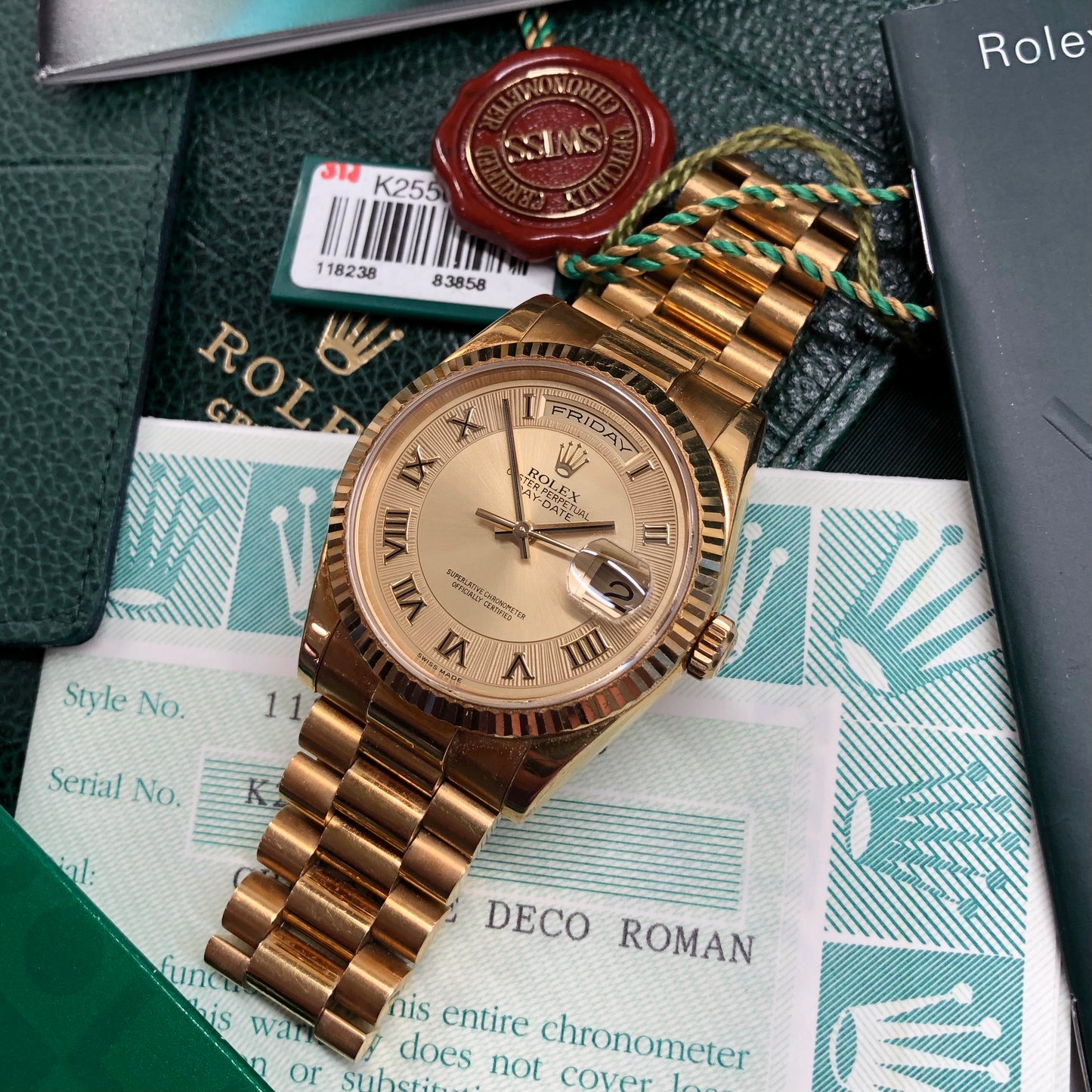 2001 Rolex President Day Date 18K Yellow Gold Champagne Roman Deco Dial Wristwatch Box Papers - Hashtag Watch Company