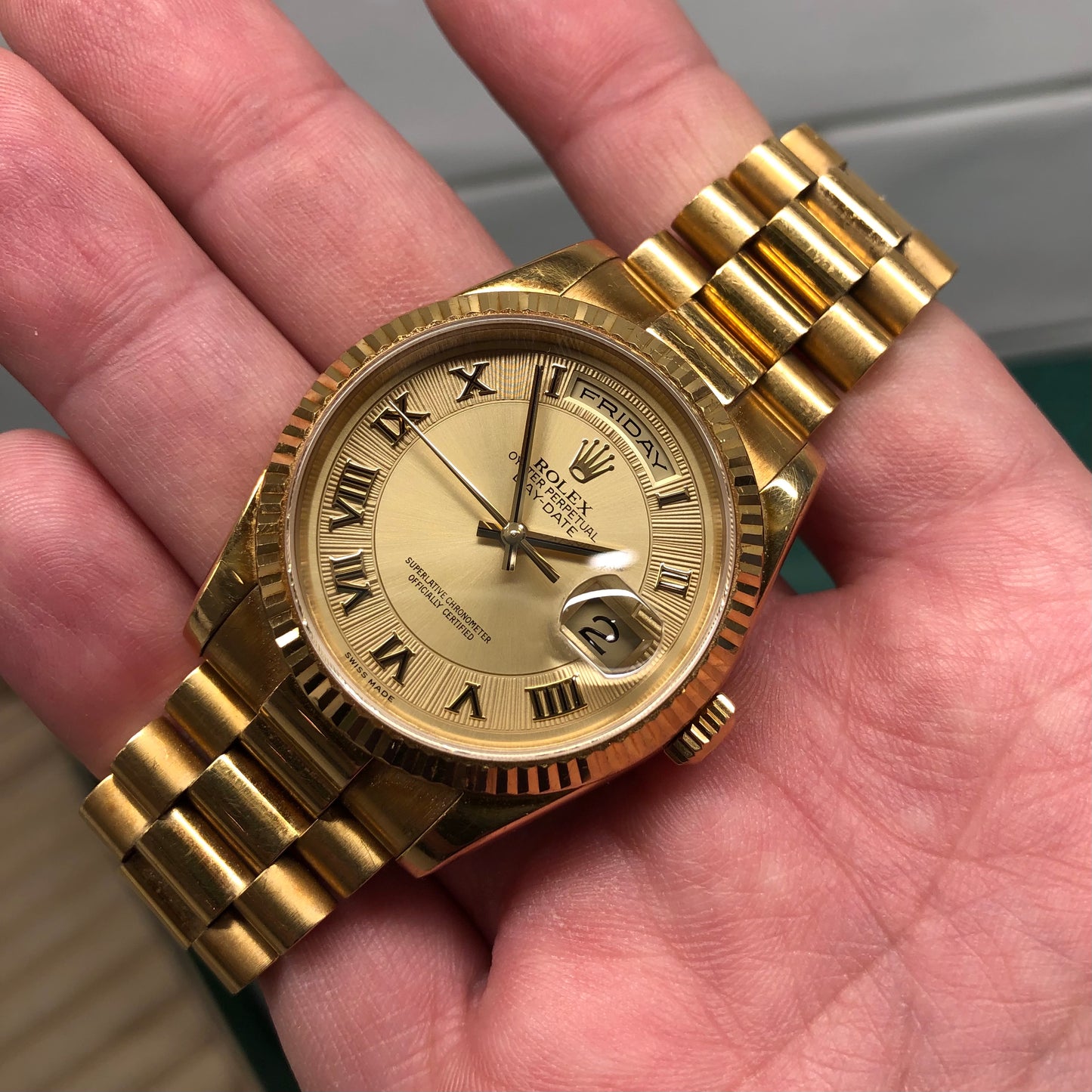 2001 Rolex President Day Date 18K Yellow Gold Champagne Roman Deco Dial Wristwatch Box Papers - Hashtag Watch Company