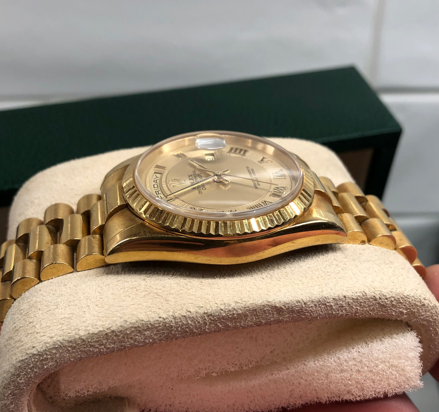 2001 Rolex President Day Date 18K Yellow Gold Champagne Roman Deco Dial Wristwatch Box Papers - Hashtag Watch Company
