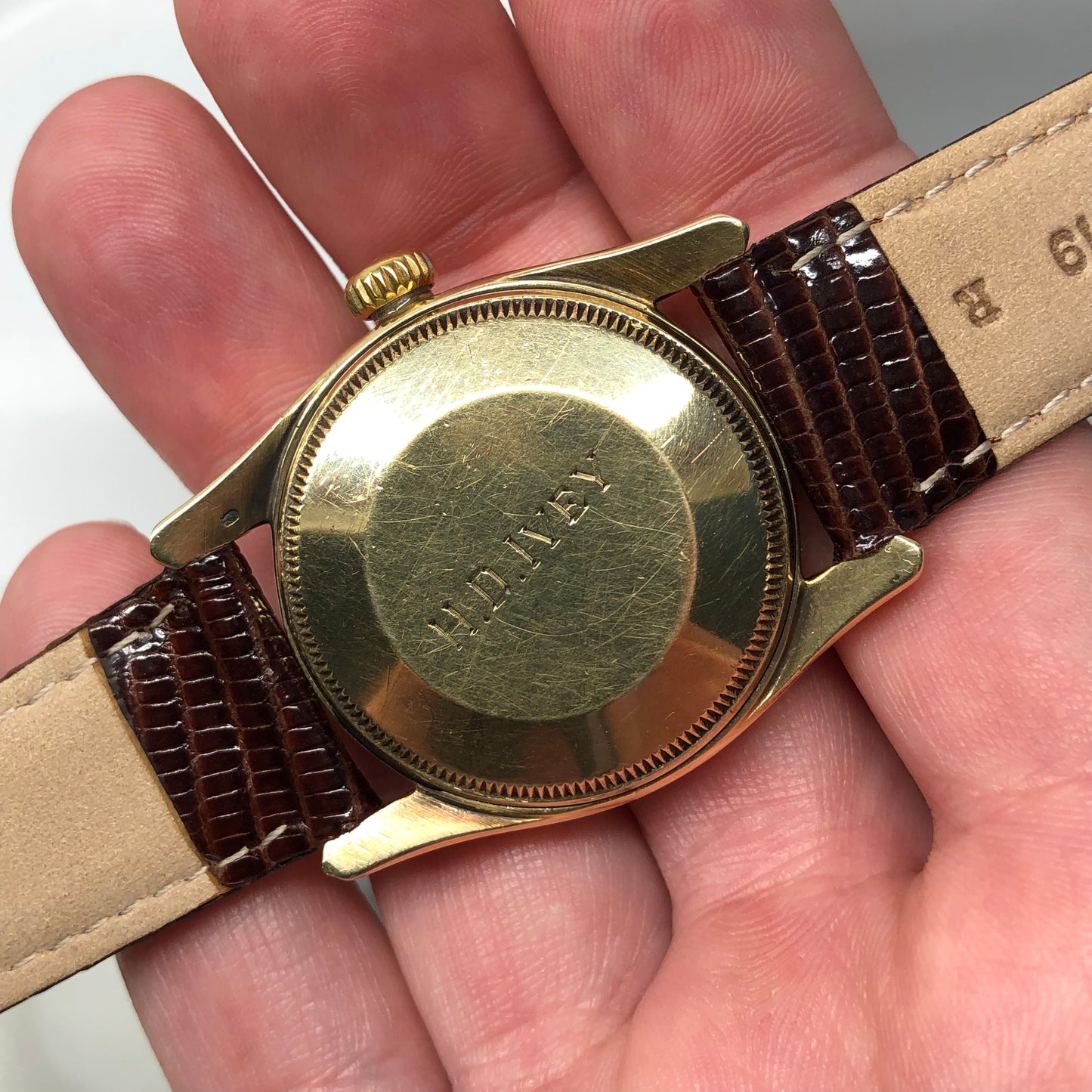 1952 Rolex Bombay 6090 Oyster Perpetual 14K Yellow Gold Red “Officially” Original Dial Wristwatch - Hashtag Watch Company