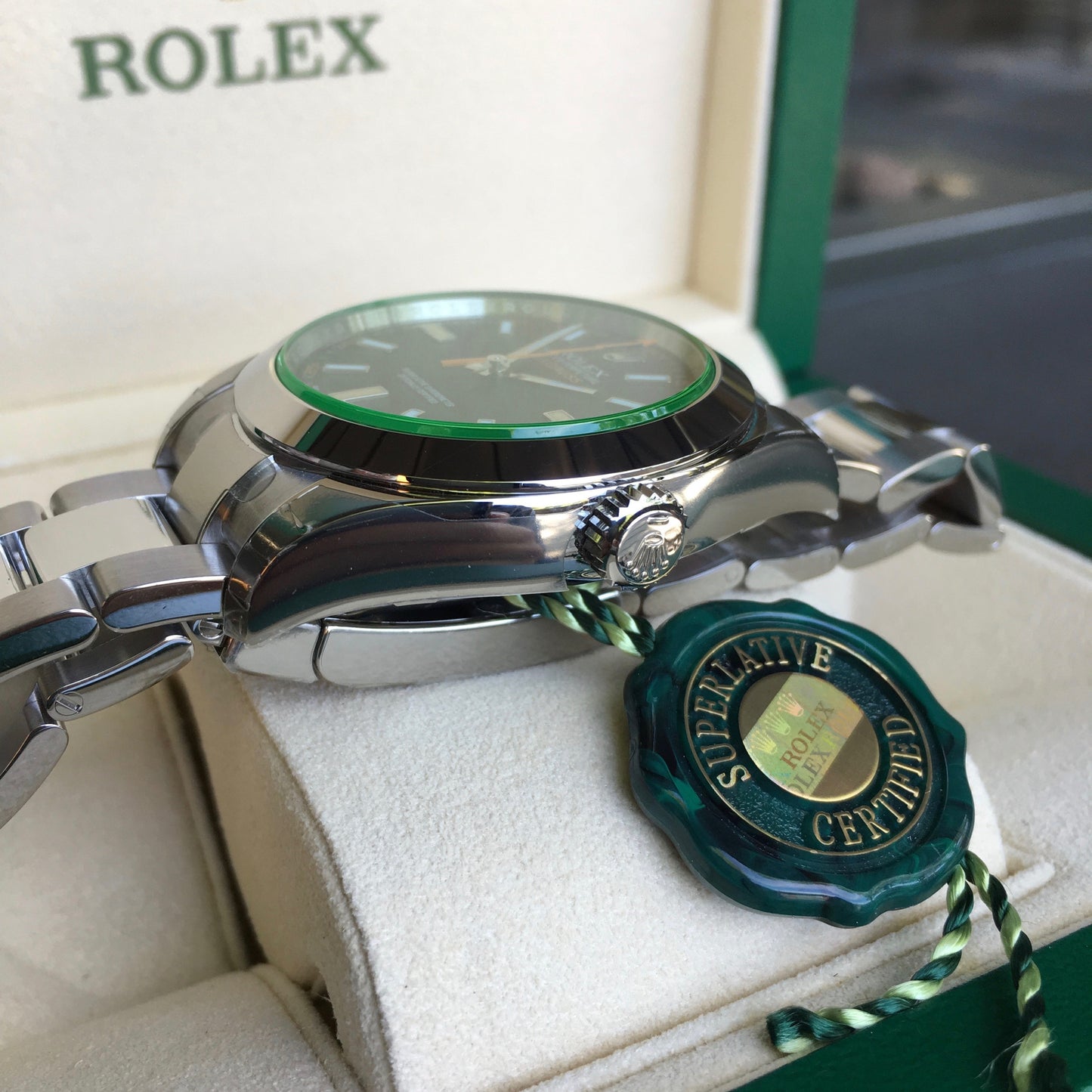 Rolex Milgauss Green 116400GV Stainless Steel Wristwatch Box Papers Circa 2017 - Hashtag Watch Company