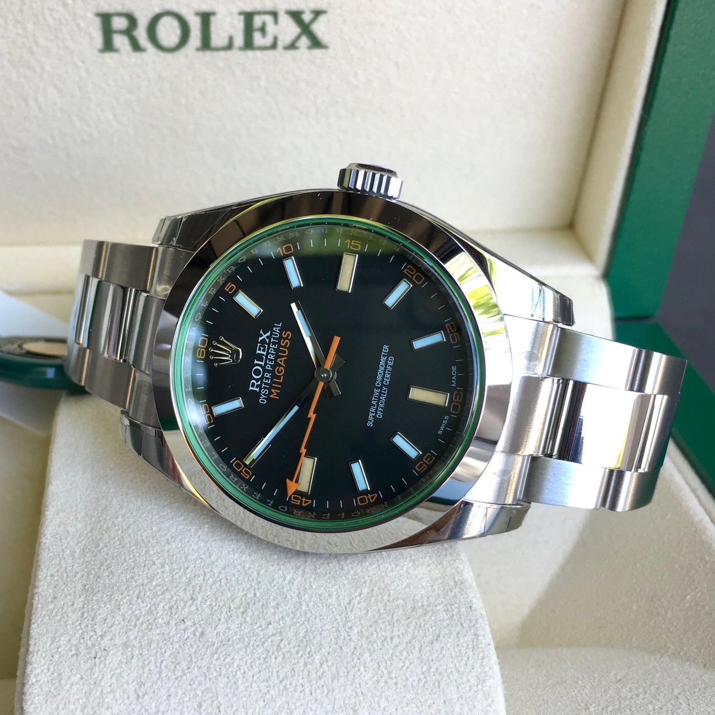 Rolex Milgauss Green 116400GV Stainless Steel Wristwatch Box Papers Circa 2017 - Hashtag Watch Company