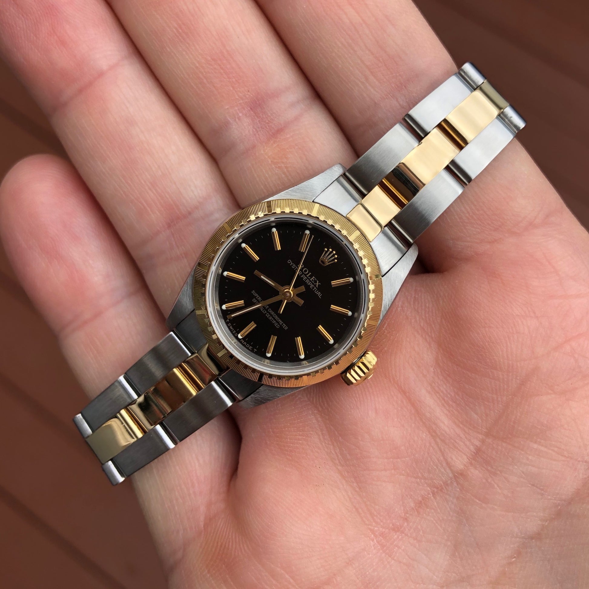 Rolex Oyster Perpetual 67243 Ladies Black Two Tone Steel Gold