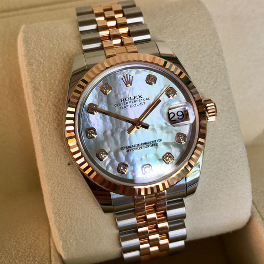 Rolex Datejust 178271 MOP Diamond Dial 31mm Midsize Steel Rose Gold Wristwatch Box Papers - Hashtag Watch Company