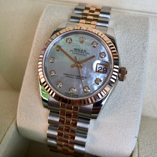 Rolex Datejust 178271 MOP Diamond Dial 31mm Midsize Steel Rose Gold Wristwatch Box Papers - Hashtag Watch Company