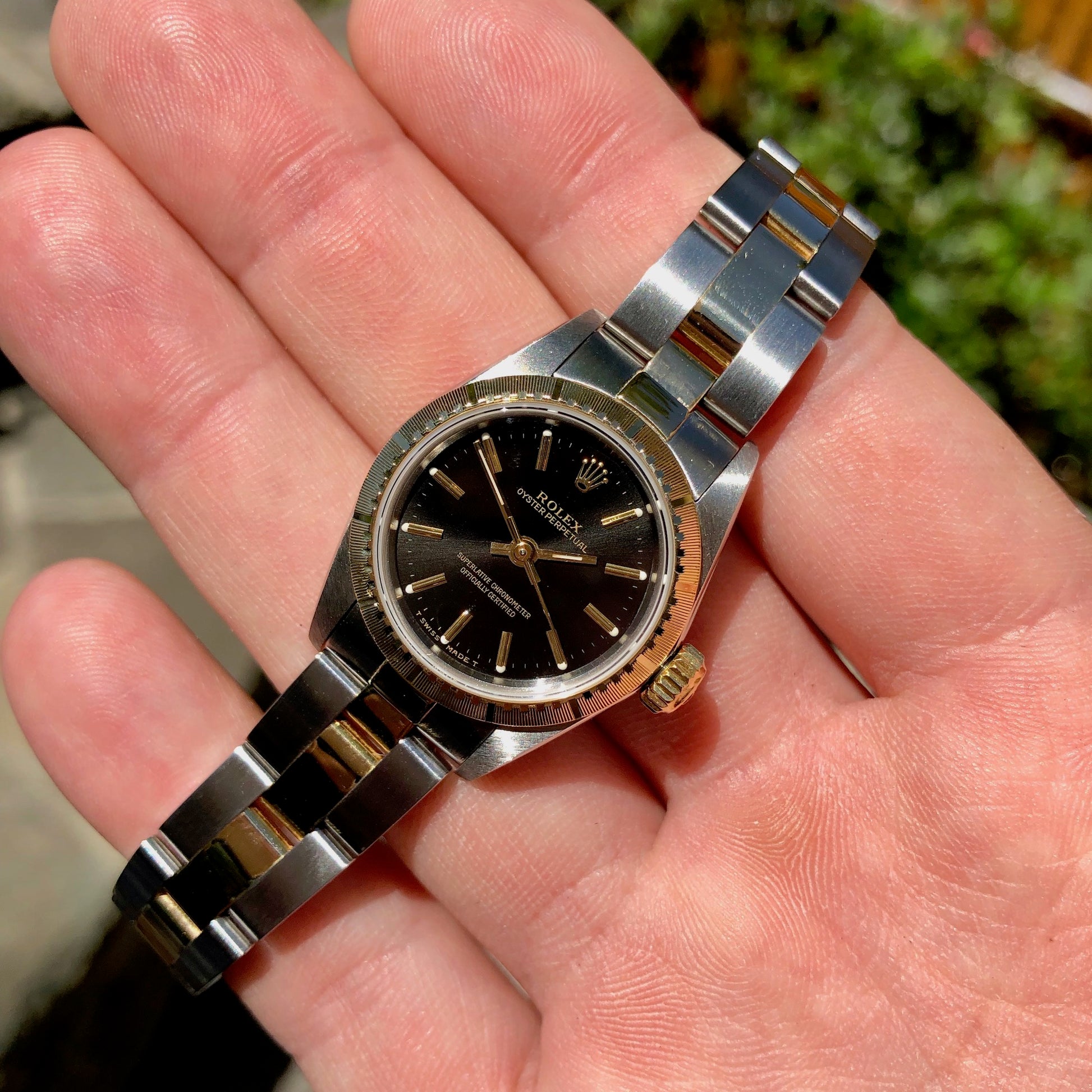 Rolex Oyster Perpetual 67243 Ladies Black Two Tone Steel Gold Wristwatch Box Papers - Hashtag Watch Company