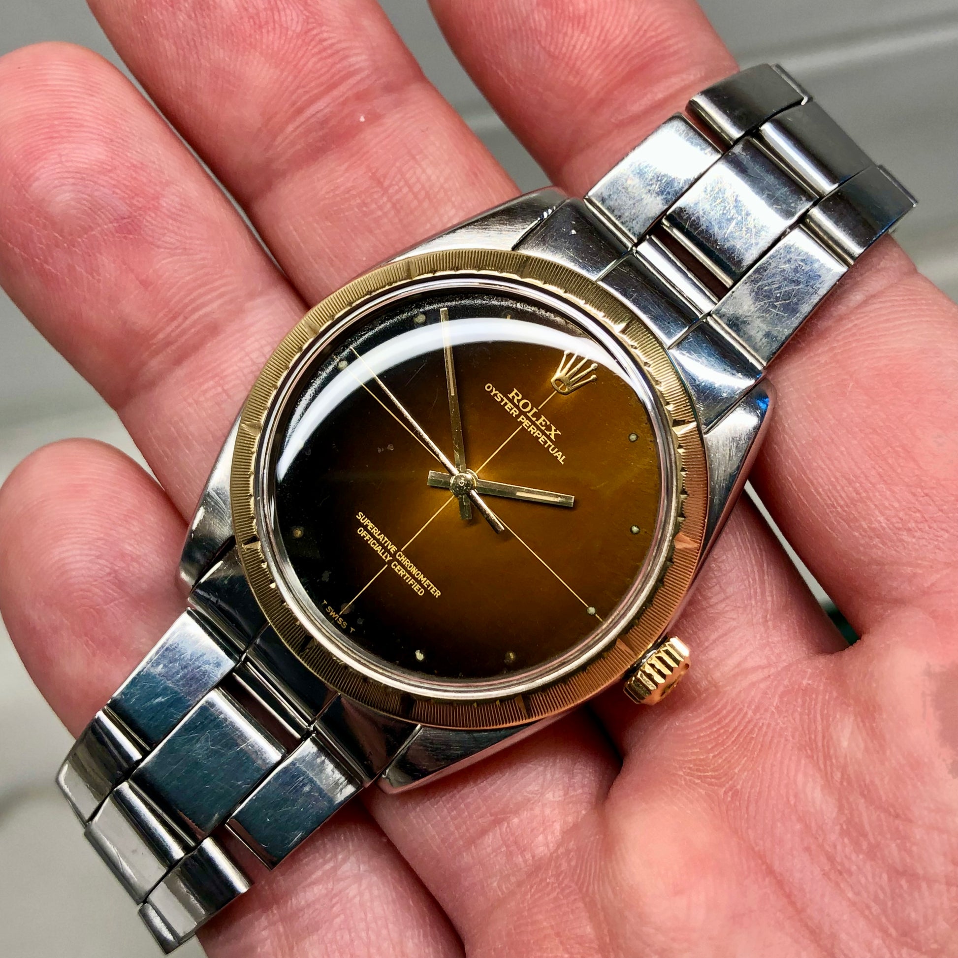 1967 Rolex Zephyr 1008 Tropical Gilt Cross Hair Dial Steel Gold Automatic Wristwatch - Hashtag Watch Company