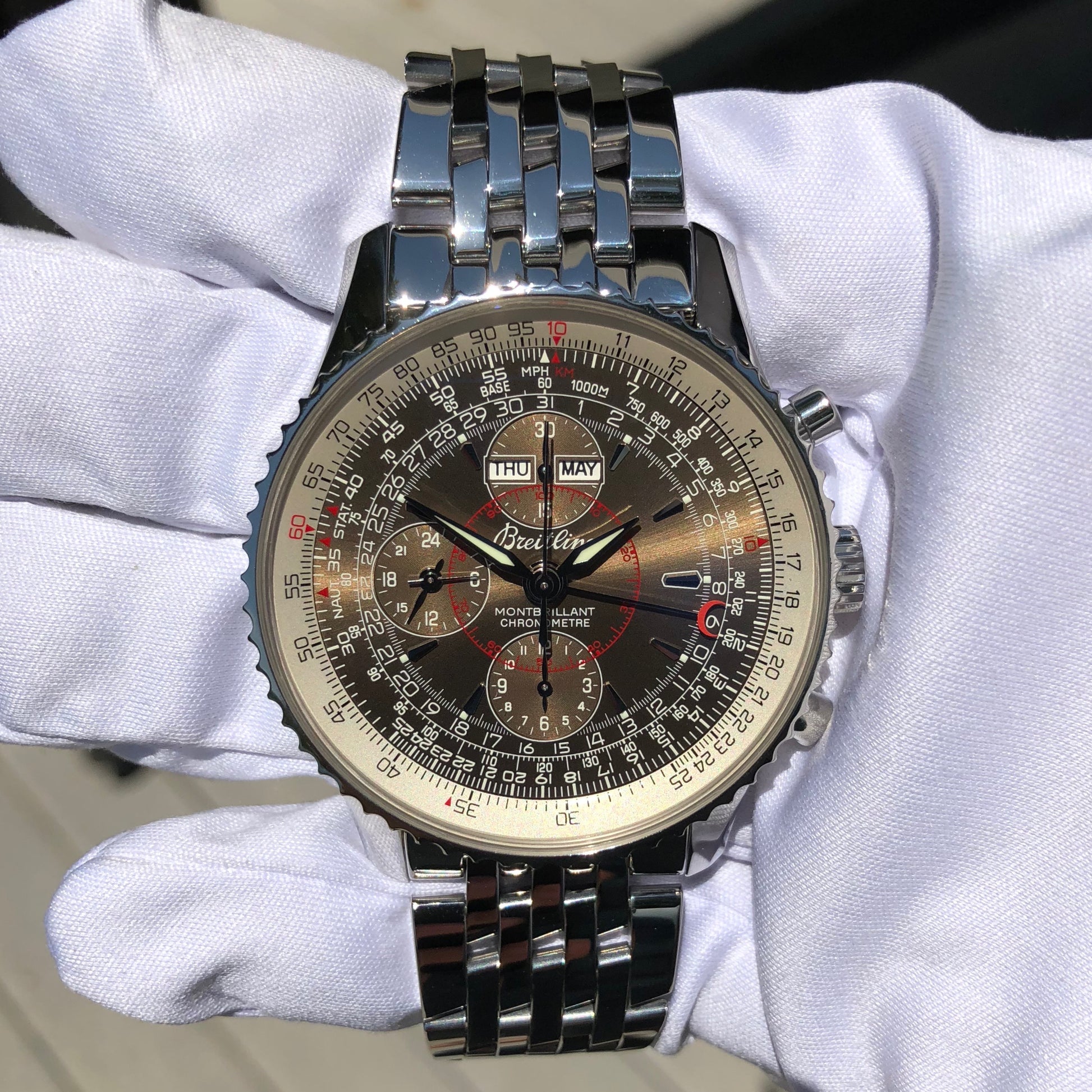 Breitling Montbrilliant Datora A2133012 Chronograph Stainless Steel Brown Wristwatch Box & Papers - Hashtag Watch Company