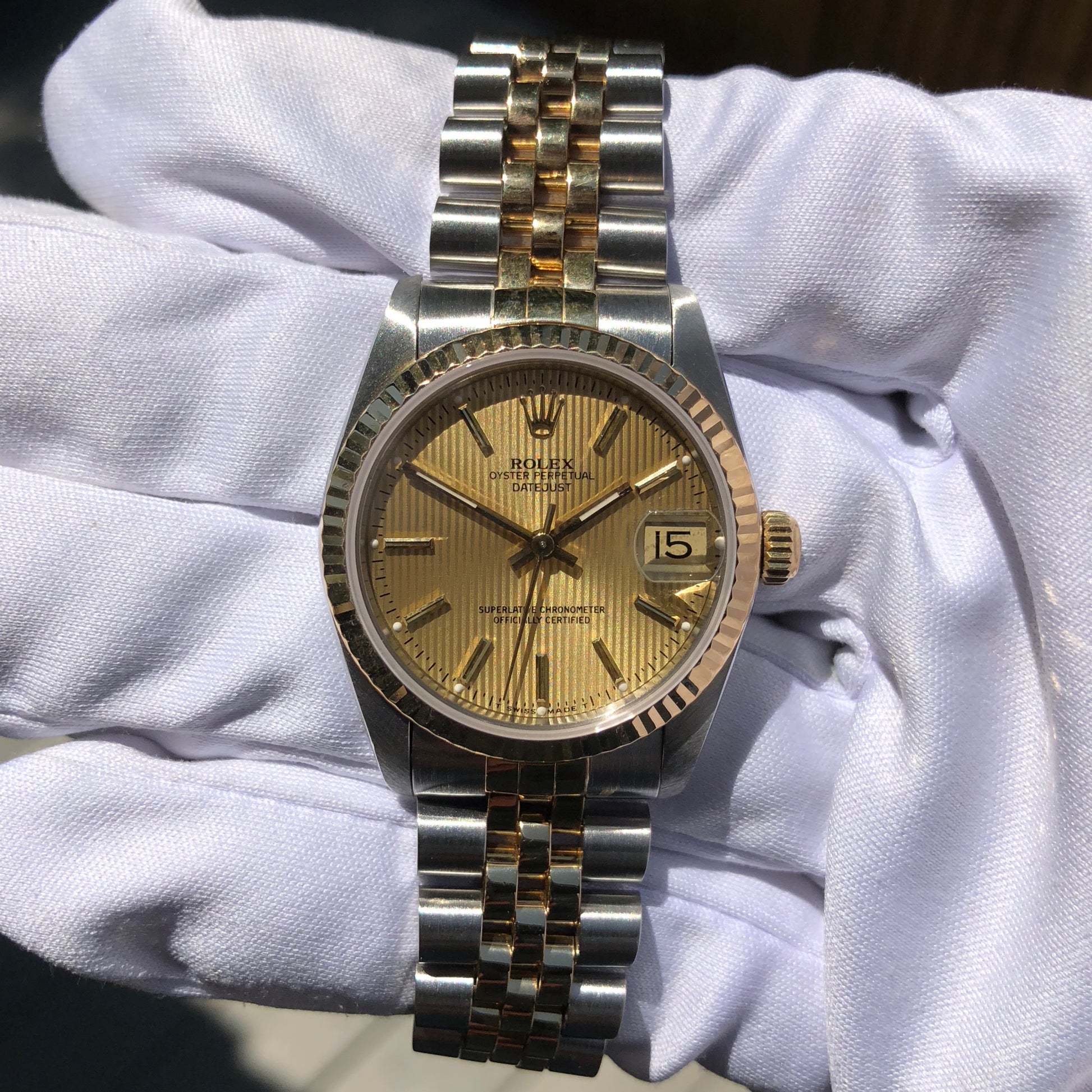 Rolex Datejust 68273 Mid Size Ladies Two Tone Tapestry Champagne Automatic Wristwatch Circa 1995 - Hashtag Watch Company