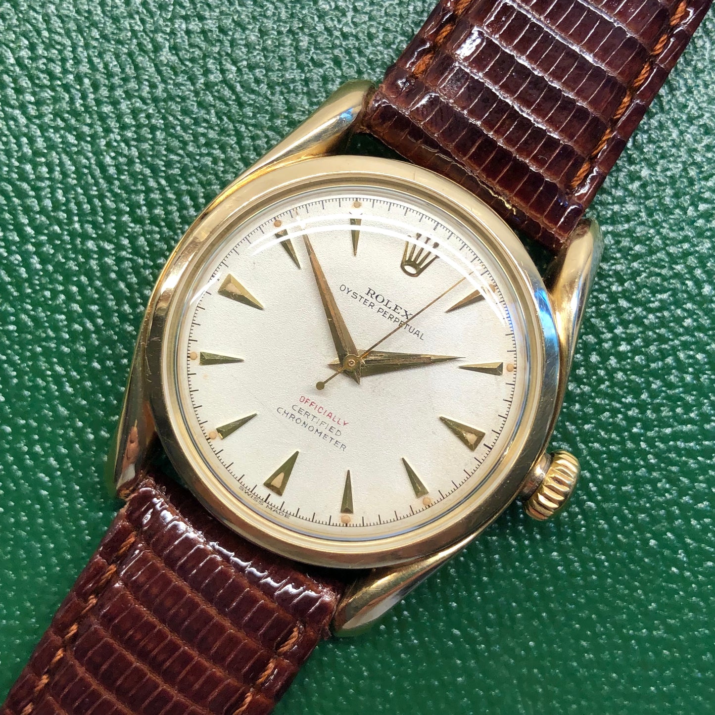 1952 Rolex Bombay 6090 Oyster Perpetual 14K Yellow Gold Red “Officially” Original Dial Wristwatch - Hashtag Watch Company