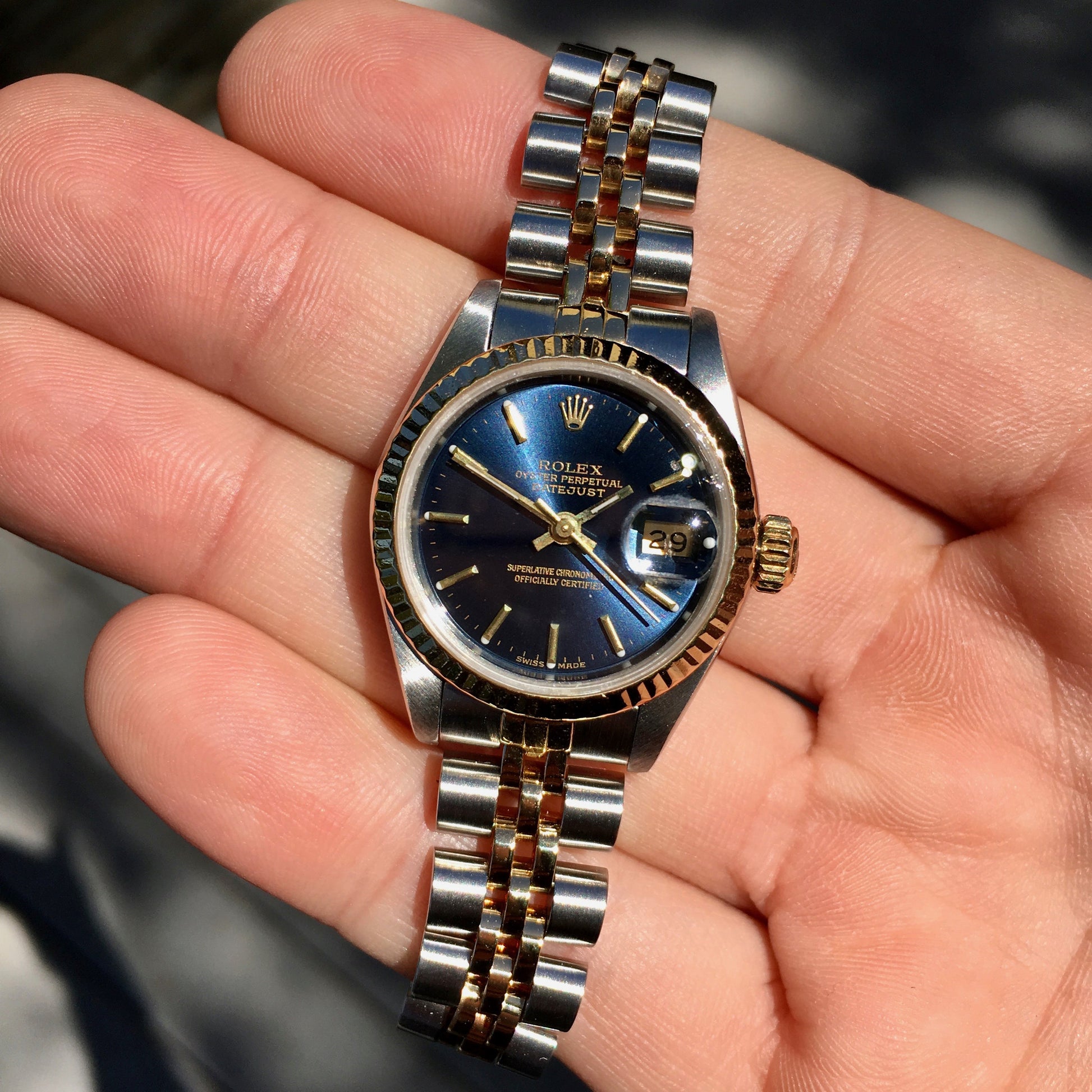 Rolex Datejust 69173 Blue Dial Ladies Two Tone Steel Gold Jubilee Wristwatch 1986 - Hashtag Watch Company