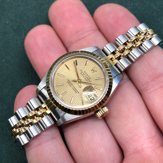 1990 Rolex Datejust 69173 Two Tone Jubilee Champagne Tapestry Dial Ladies Wristwatch Service Papers - Hashtag Watch Company