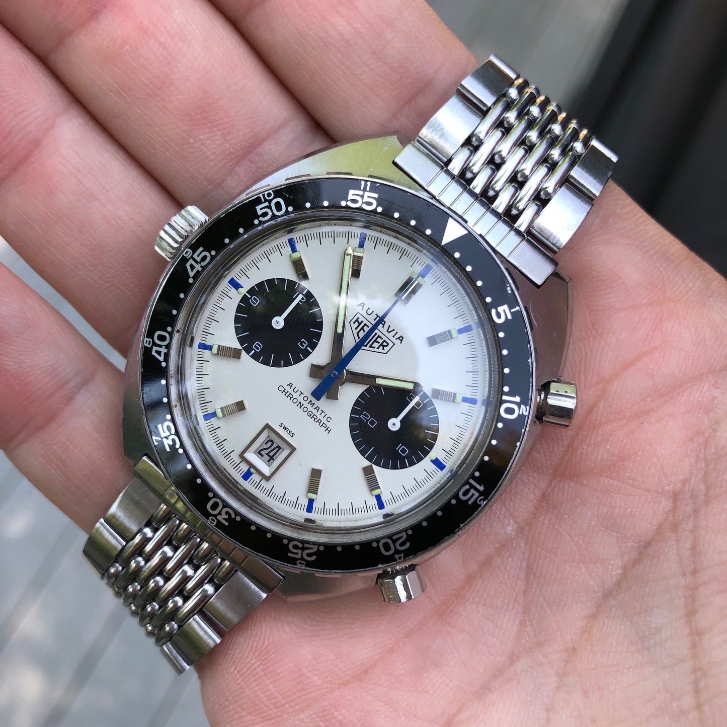 Vintage Heuer Autavia 1163 Jo Siffert Mk. 2 Steel Chronograph MH Bezel Cal. 11 Wristwatch Circa 1969 - Hashtag Watch Company