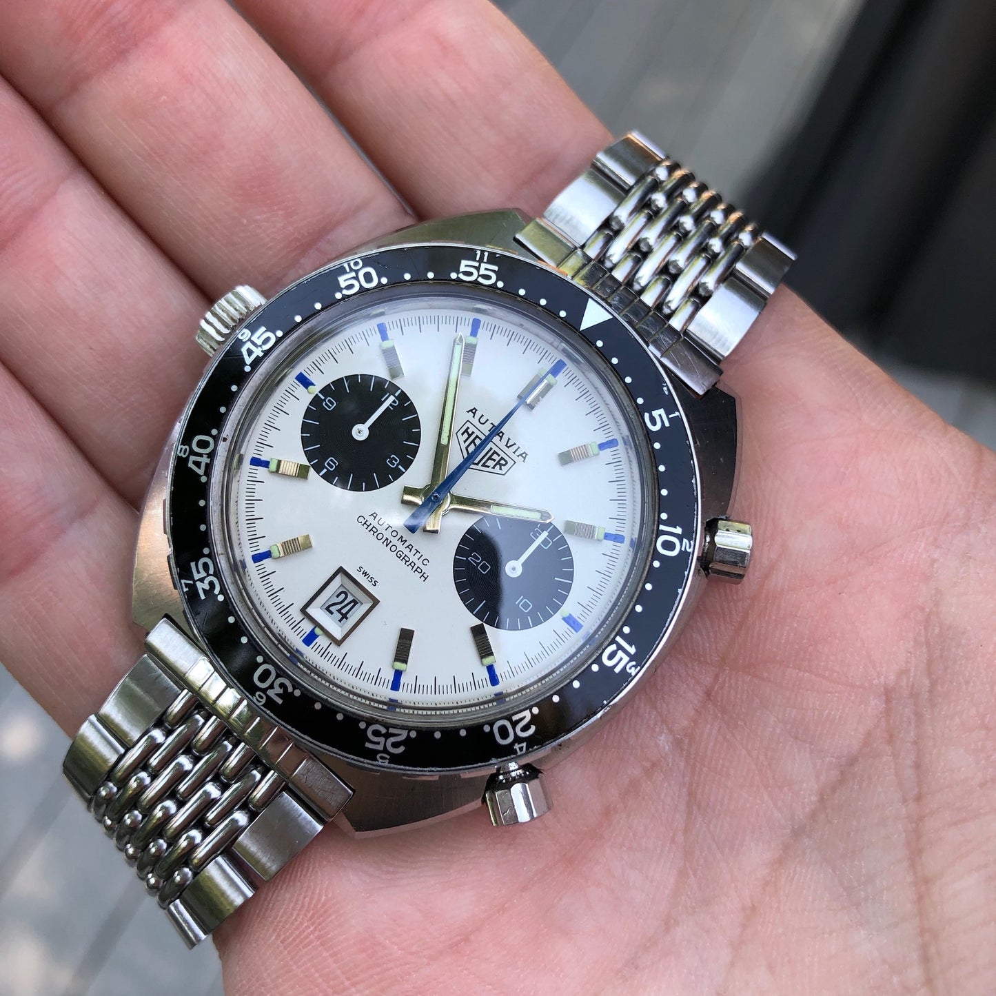 Vintage Heuer Autavia 1163 Jo Siffert Mk. 2 Steel Chronograph MH Bezel Cal. 11 Wristwatch Circa 1969 - Hashtag Watch Company