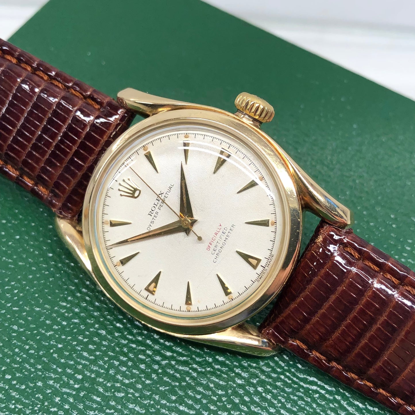 1952 Rolex Bombay 6090 Oyster Perpetual 14K Yellow Gold Red “Officially” Original Dial Wristwatch - Hashtag Watch Company