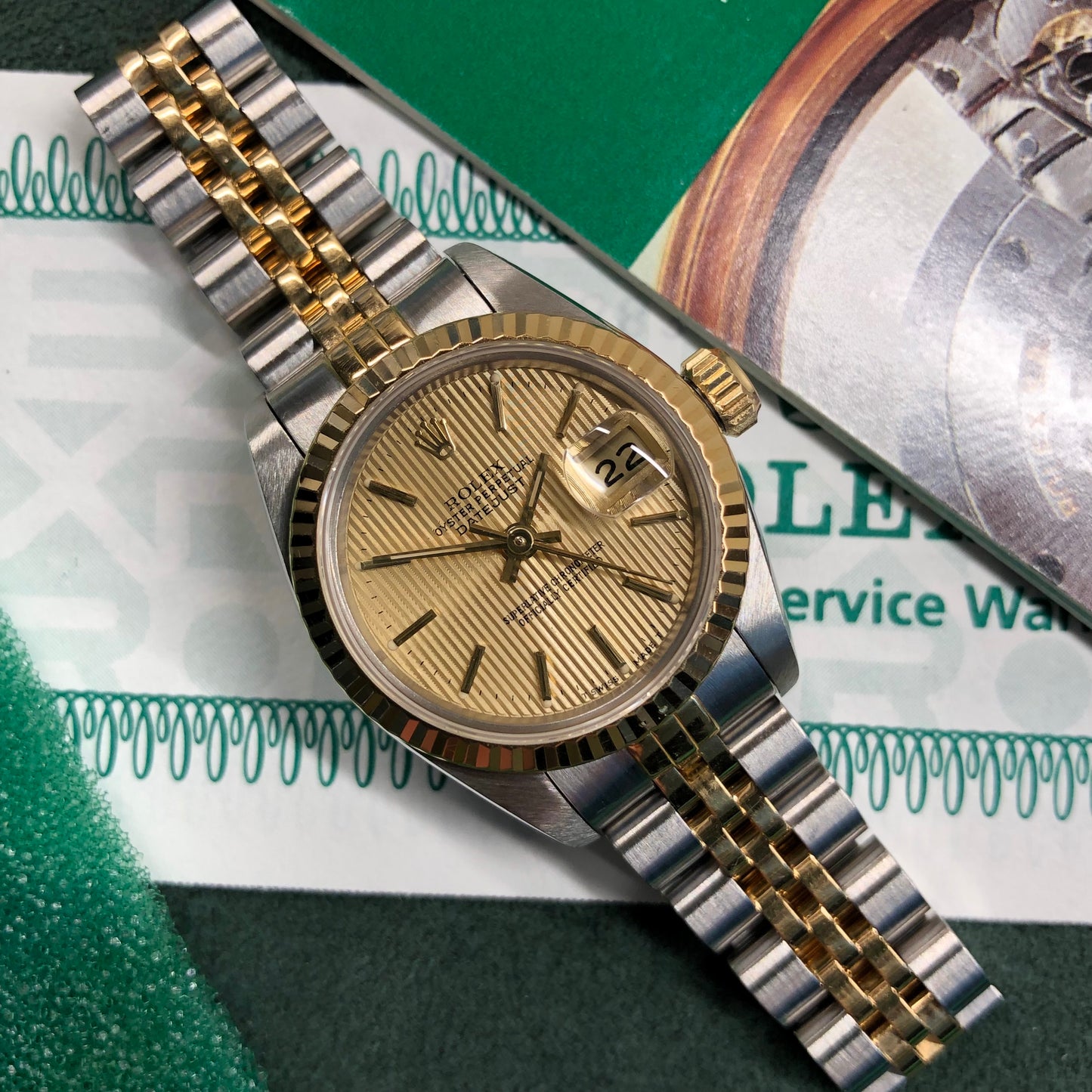 1990 Rolex Datejust 69173 Two Tone Jubilee Champagne Tapestry Dial Ladies Wristwatch Service Papers - Hashtag Watch Company