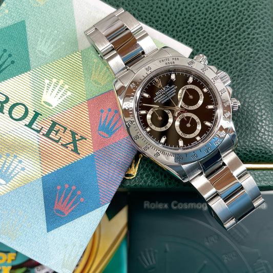 2002 Rolex Daytona Cosmograph 116520 Black Steel Oyster Chronograph Box Papers - Hashtag Watch Company