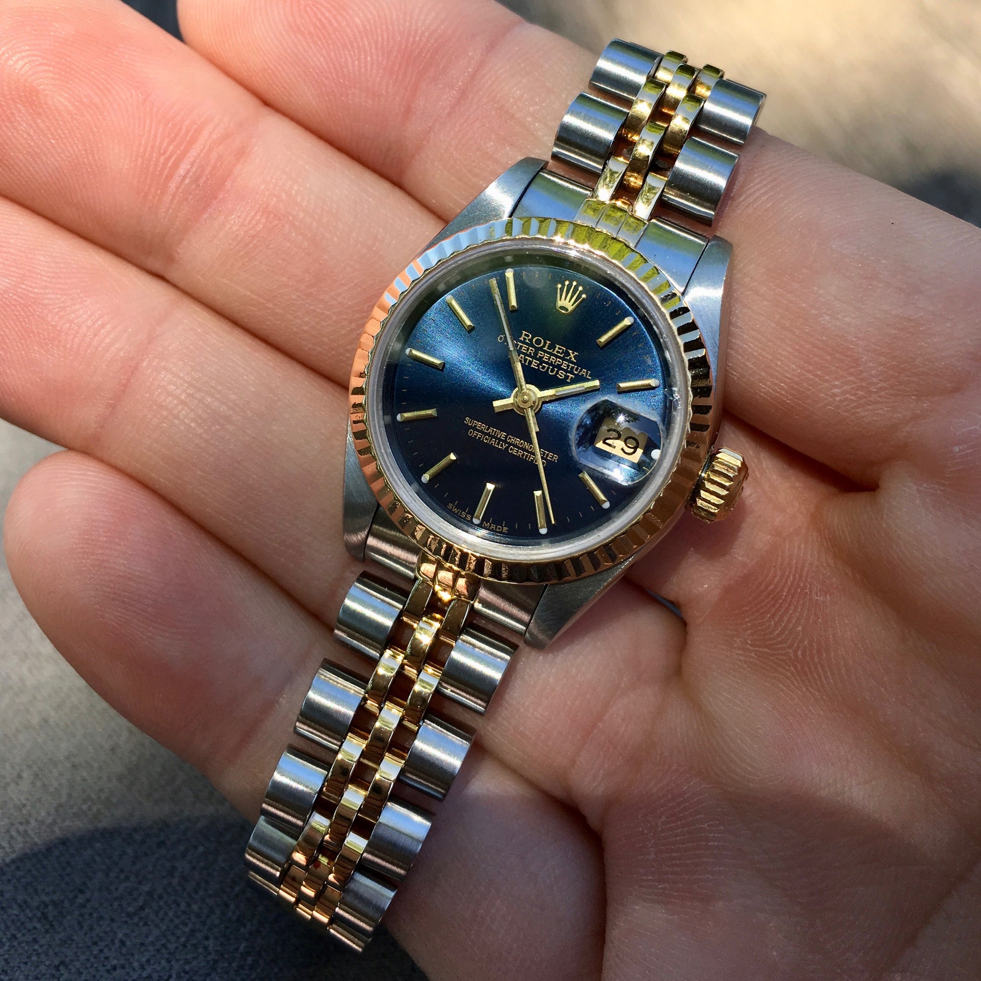 Rolex Datejust 69173 Blue Dial Ladies Two Tone Steel Gold Jubilee Wristwatch 1986 - Hashtag Watch Company