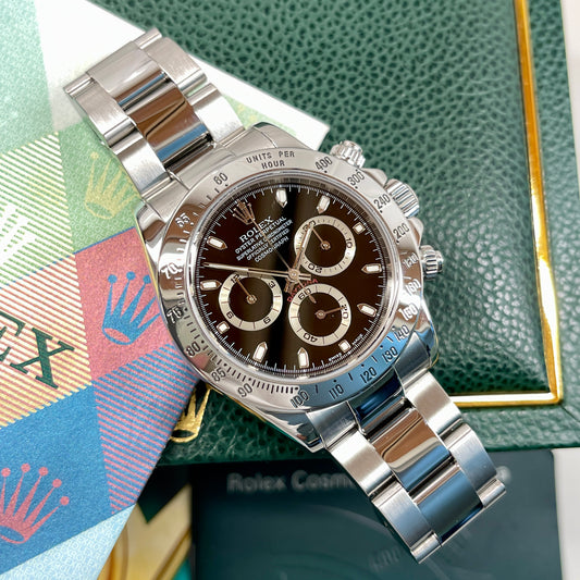 2002 Rolex Daytona Cosmograph 116520 Black Steel Oyster Chronograph Box Papers - Hashtag Watch Company