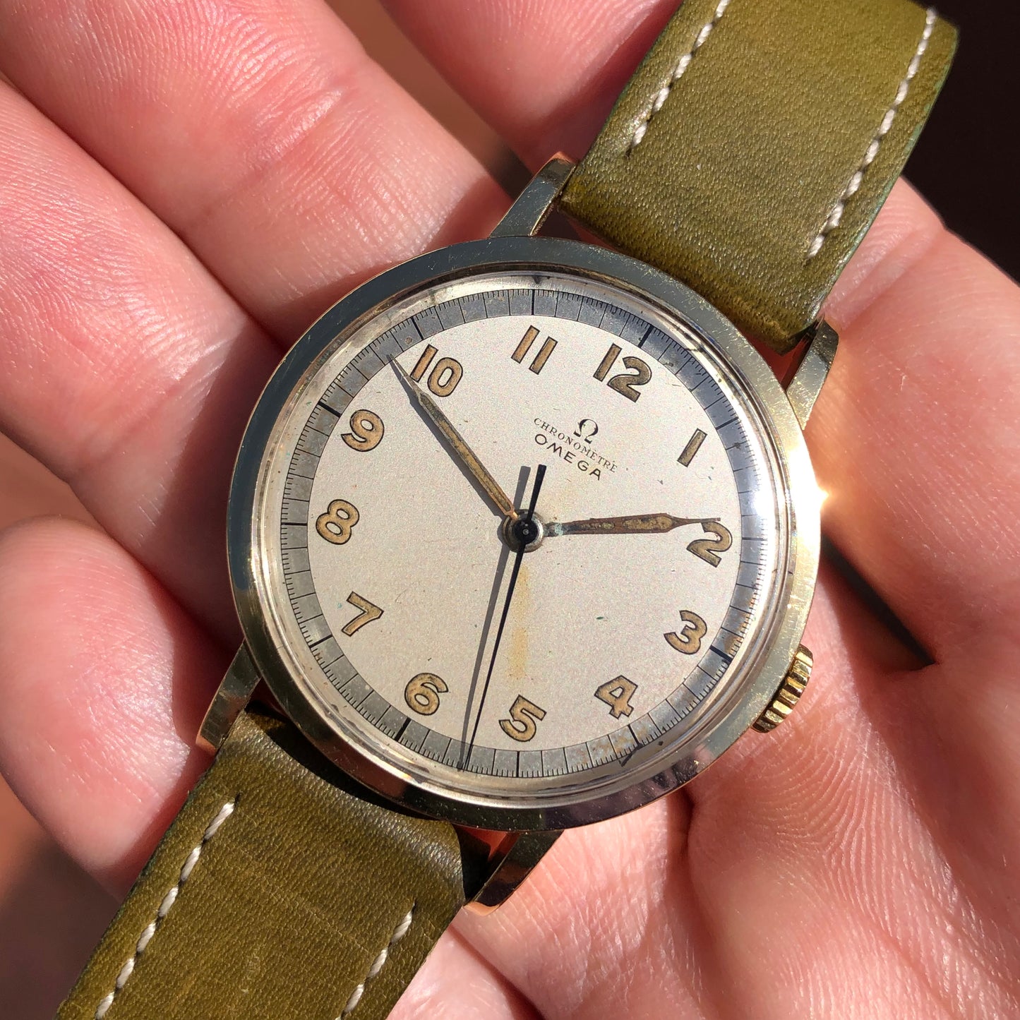 1944 Omega Chronometre 30T2 SC 18K Yellow Gold 35.5mm Original Sector Dial Radium Wristwatch - Hashtag Watch Company