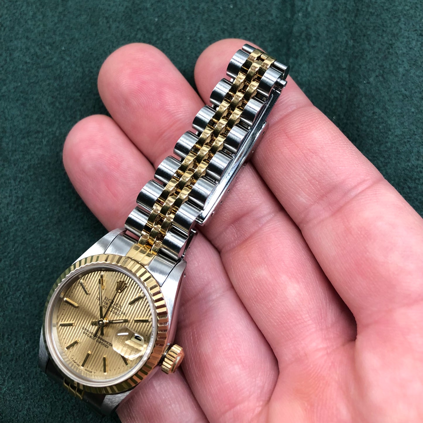 1990 Rolex Datejust 69173 Two Tone Jubilee Champagne Tapestry Dial Ladies Wristwatch Service Papers - Hashtag Watch Company