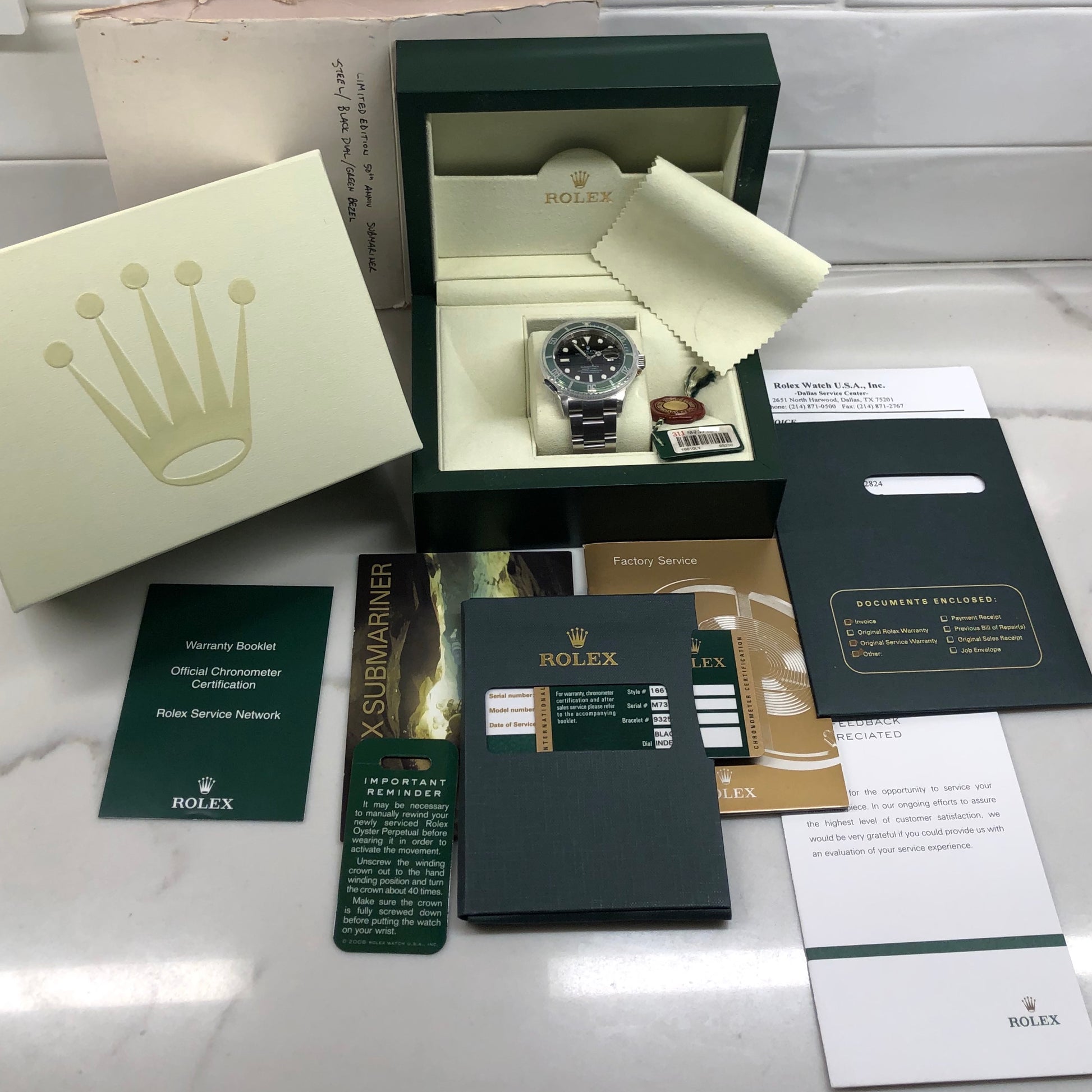 Rolex Submariner Date 16610LV 50th Anniversary Kermit Steel Full Set Box Papers Rehault Circa 2008 - Hashtag Watch Company
