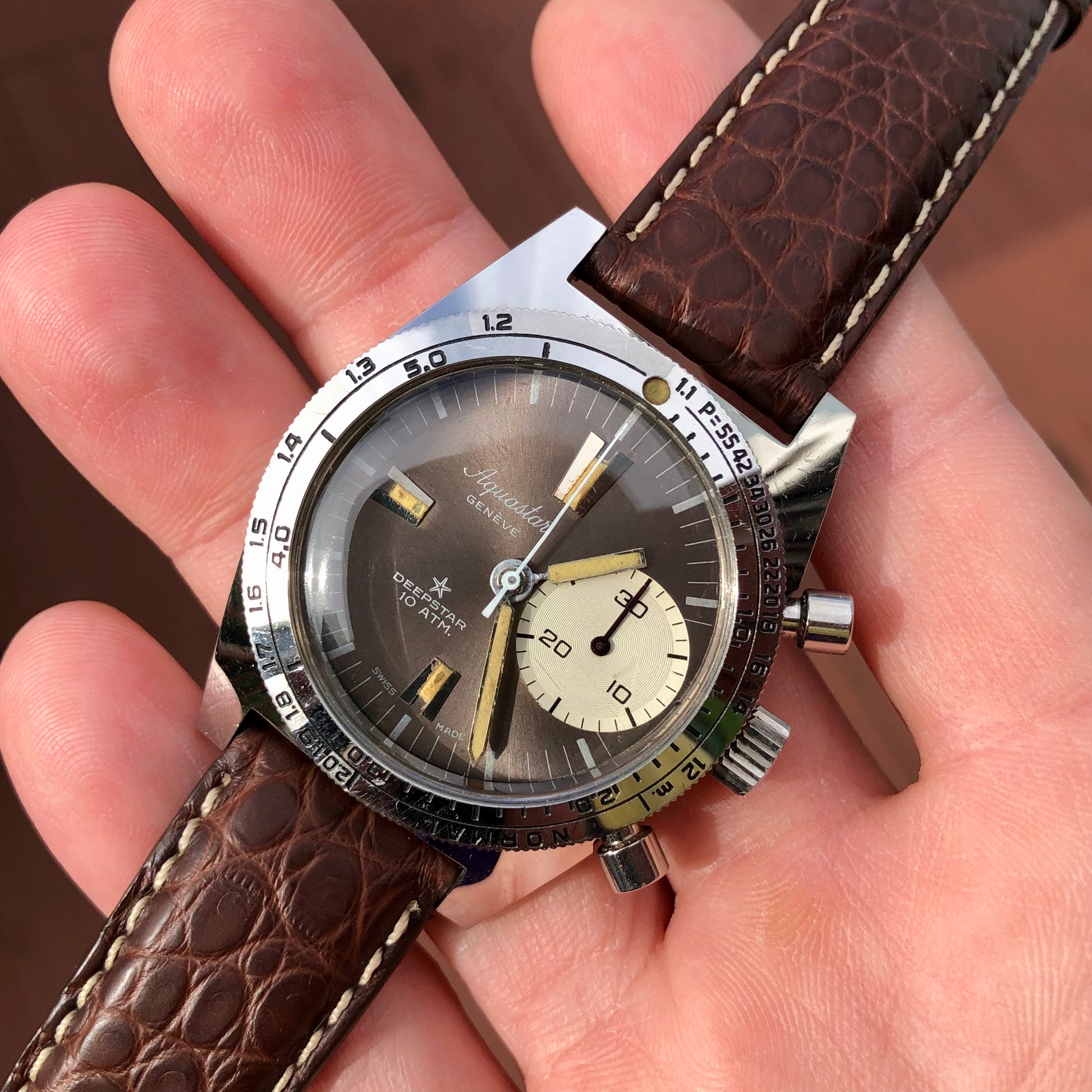 1960s Vintage Aquastar Deepstar Steel Chronograph Valjoux 92 Wristwatch - Hashtag Watch Company