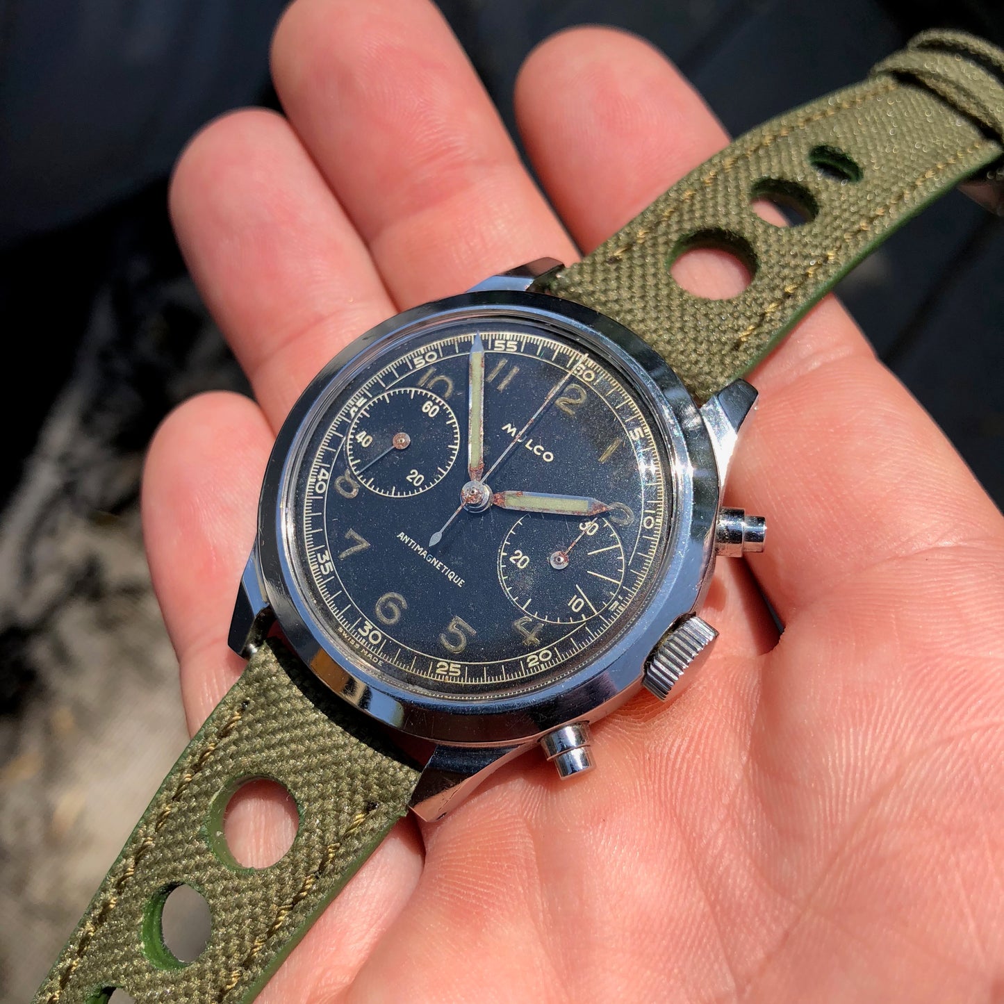 Vintage Mulco Spillman Chronograph Steel Gilt Valjoux 22 Wristwatch - Hashtag Watch Company