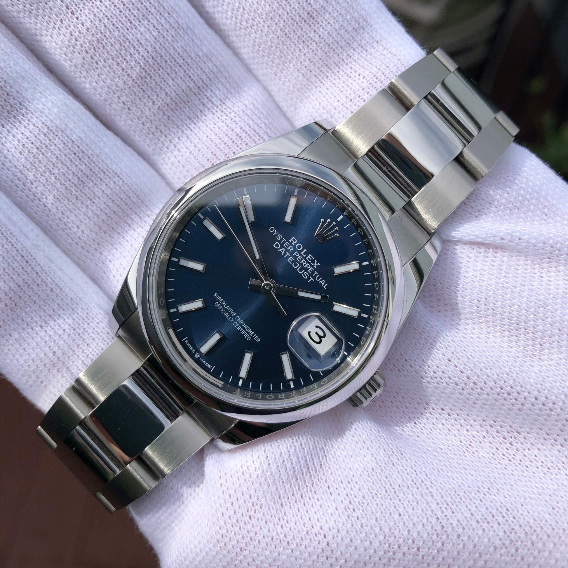 2021 Rolex Datejust 126200 Blue Stick Smooth 36mm Steel Oyster Watch Box Papers - Hashtag Watch Company