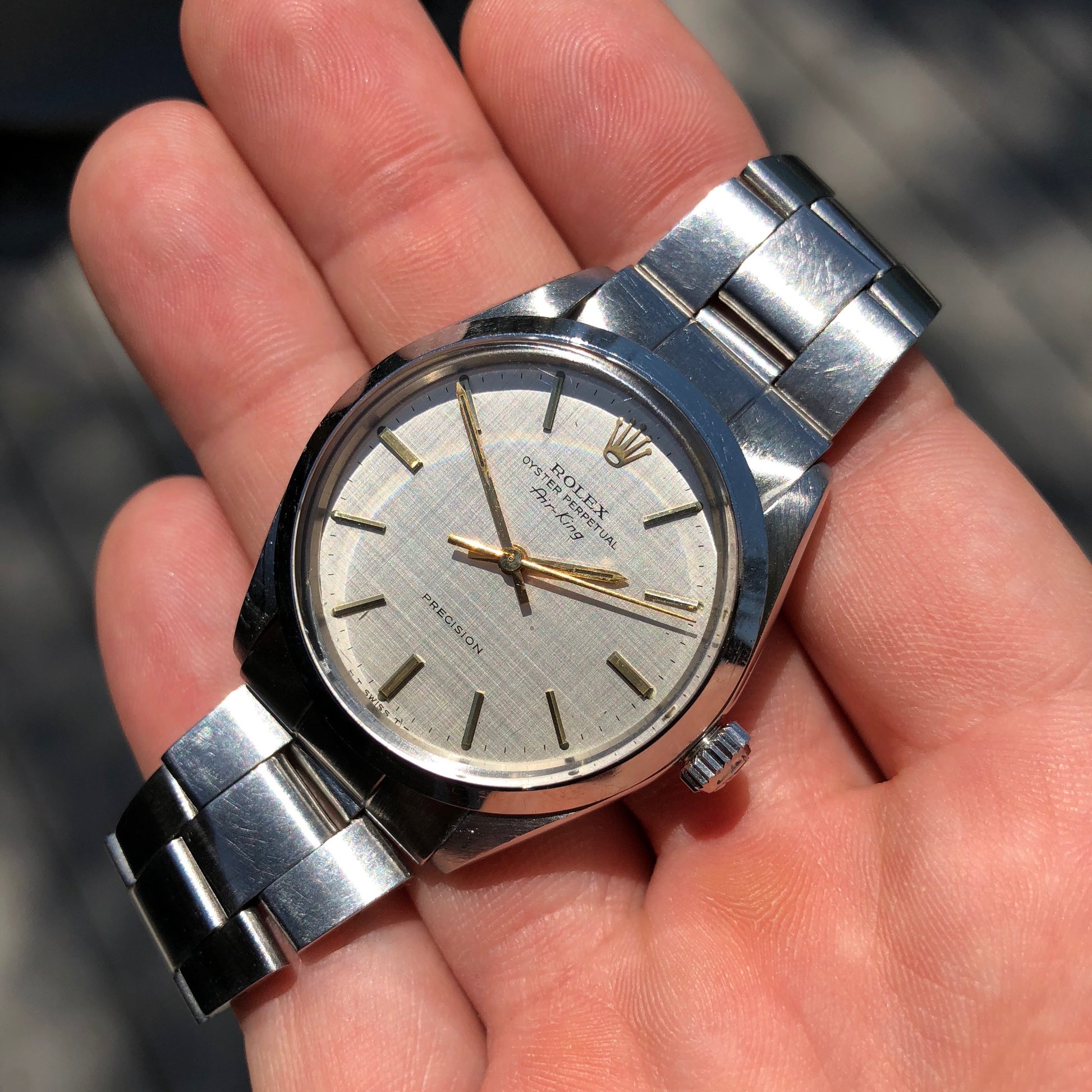 Vintage Rolex Air King 5500 Steel Linen Dial Caliber 1520 Automatic Wristwatch Circa 1973 - Hashtag Watch Company