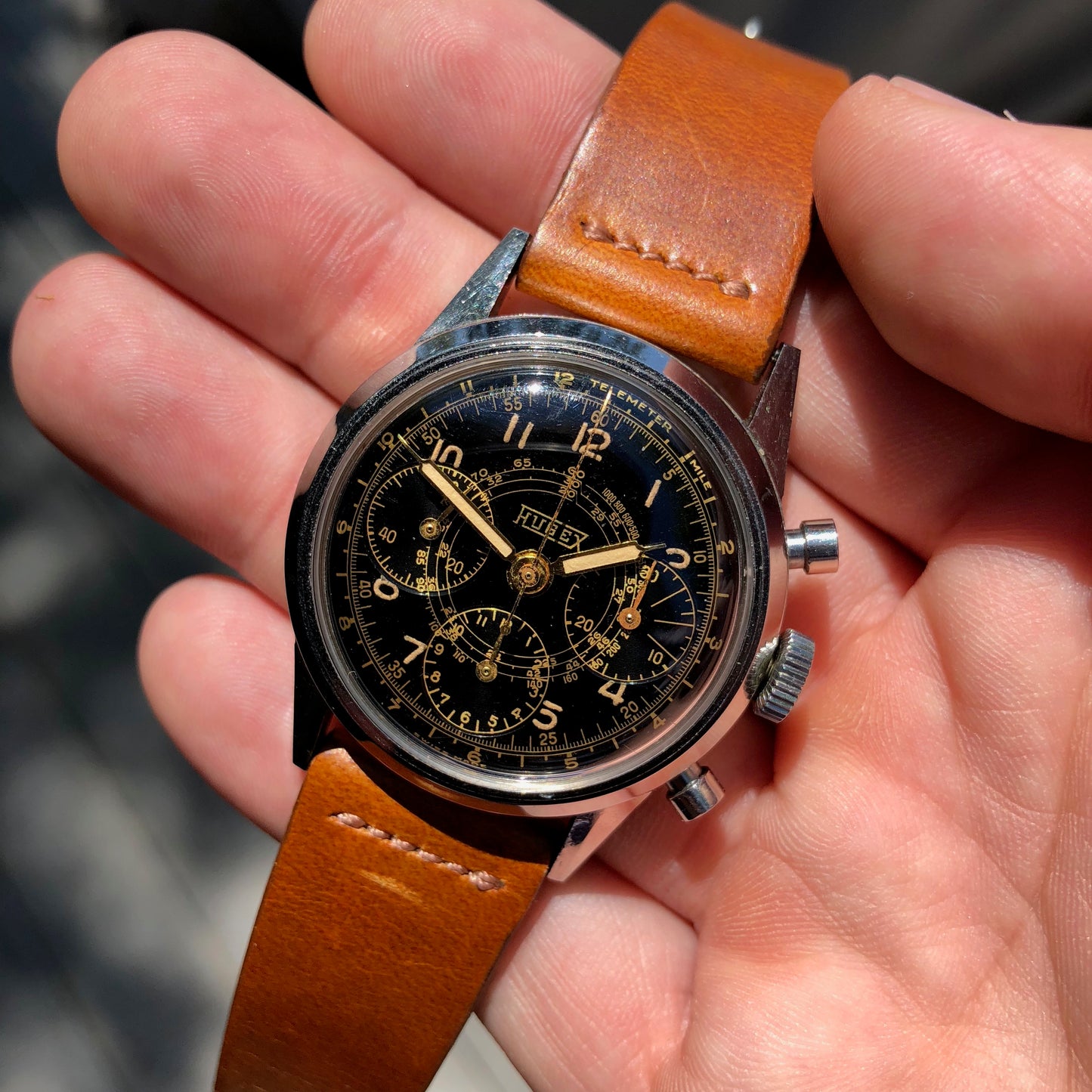 Vintage Hugex Stainless Steel Black Gilt Valjoux 72 Chronograph 37mm Wristwatch - Hashtag Watch Company