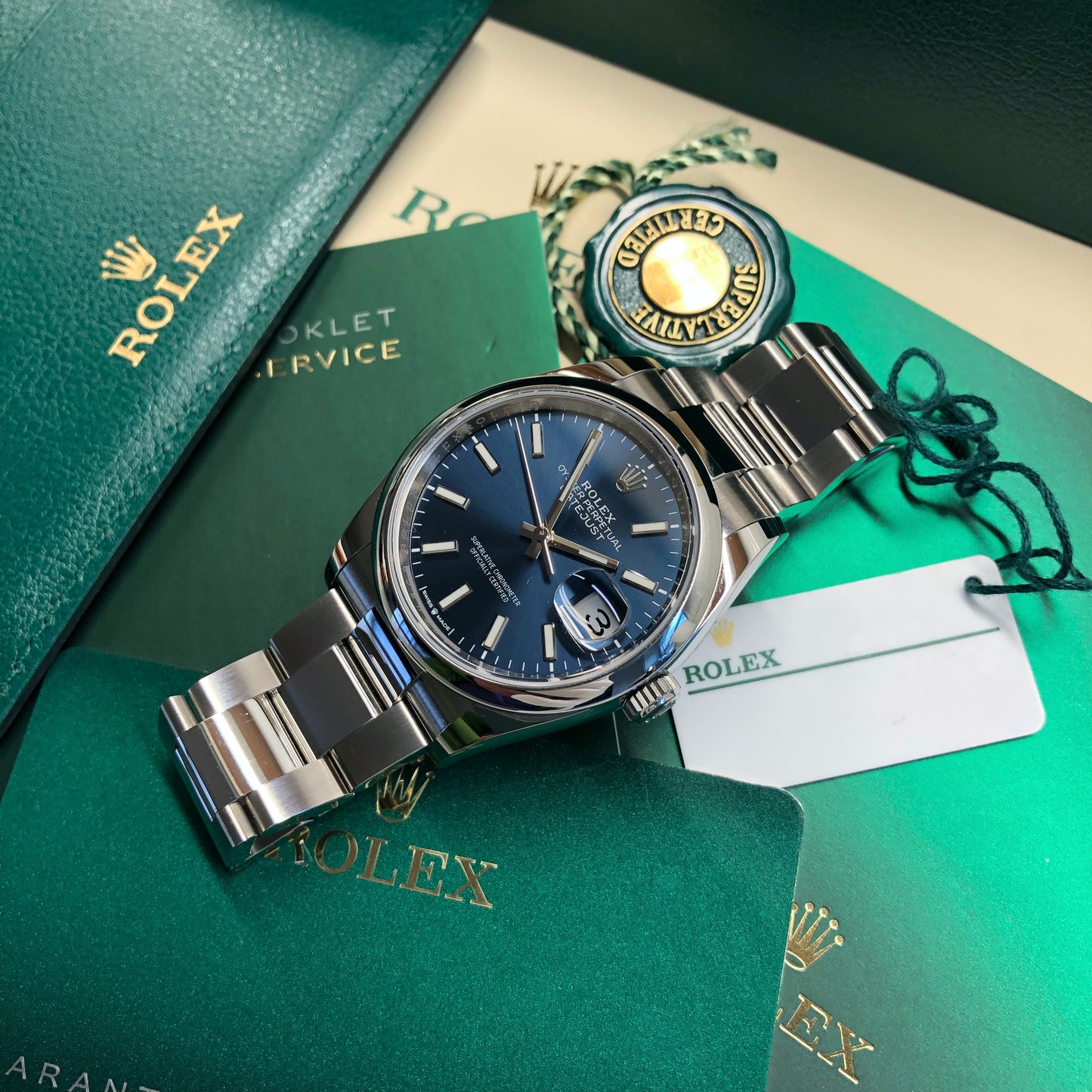 2021 Rolex Datejust 126200 Blue Stick Smooth 36mm Steel Oyster Watch Box Papers - Hashtag Watch Company