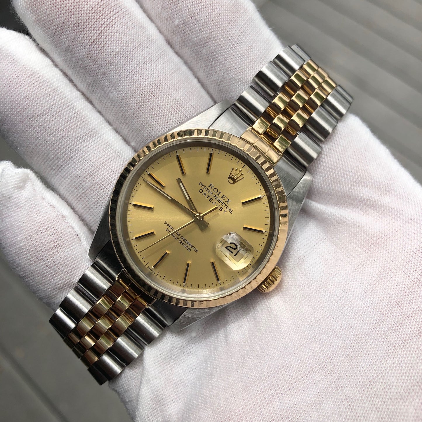 Rolex Datejust 16233 Two Tone Champagne Stick Automatic Wristwatch Box Papers Circa 1990 - Hashtag Watch Company