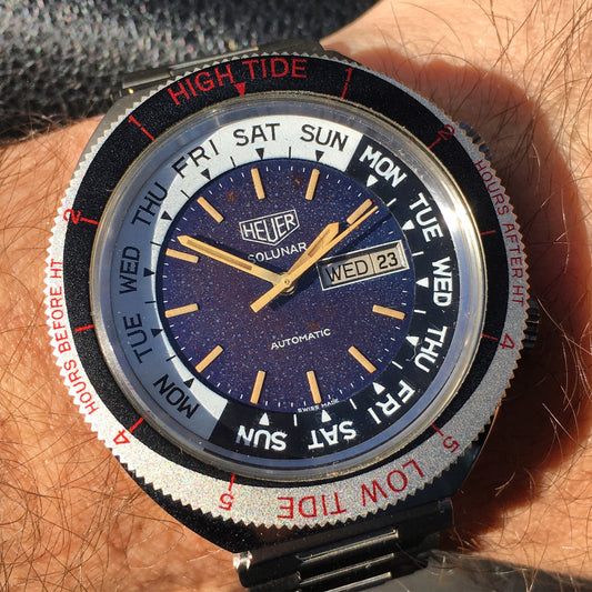 Vintage Heuer Solunar Tide Graphe Steel Day & Date Calendar Automatic Tropical Wristwatch - Hashtag Watch Company