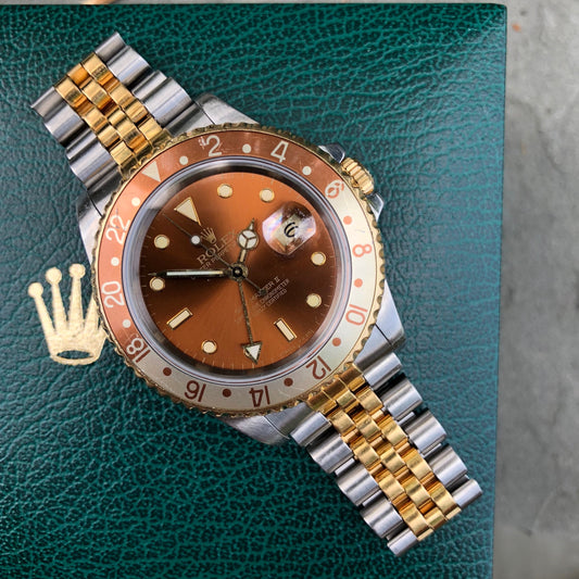 Rolex GMT MASTER II 16713 Two Tone Root Beer Automatic Box Papers Circa 1989 - Hashtag Watch Company