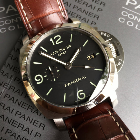 Panerai Luminor 1950 PAM 320 44mm 3 Days GMT Power Reserve Brown Wristwatch Box & Papers - Hashtag Watch Company