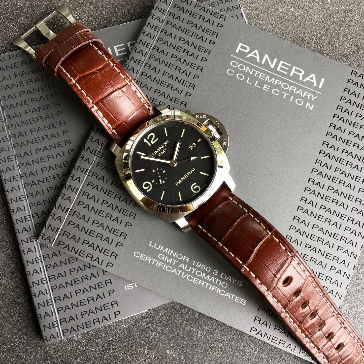 Panerai Luminor 1950 PAM 320 44mm 3 Days GMT Power Reserve Brown Wristwatch Box & Papers - Hashtag Watch Company