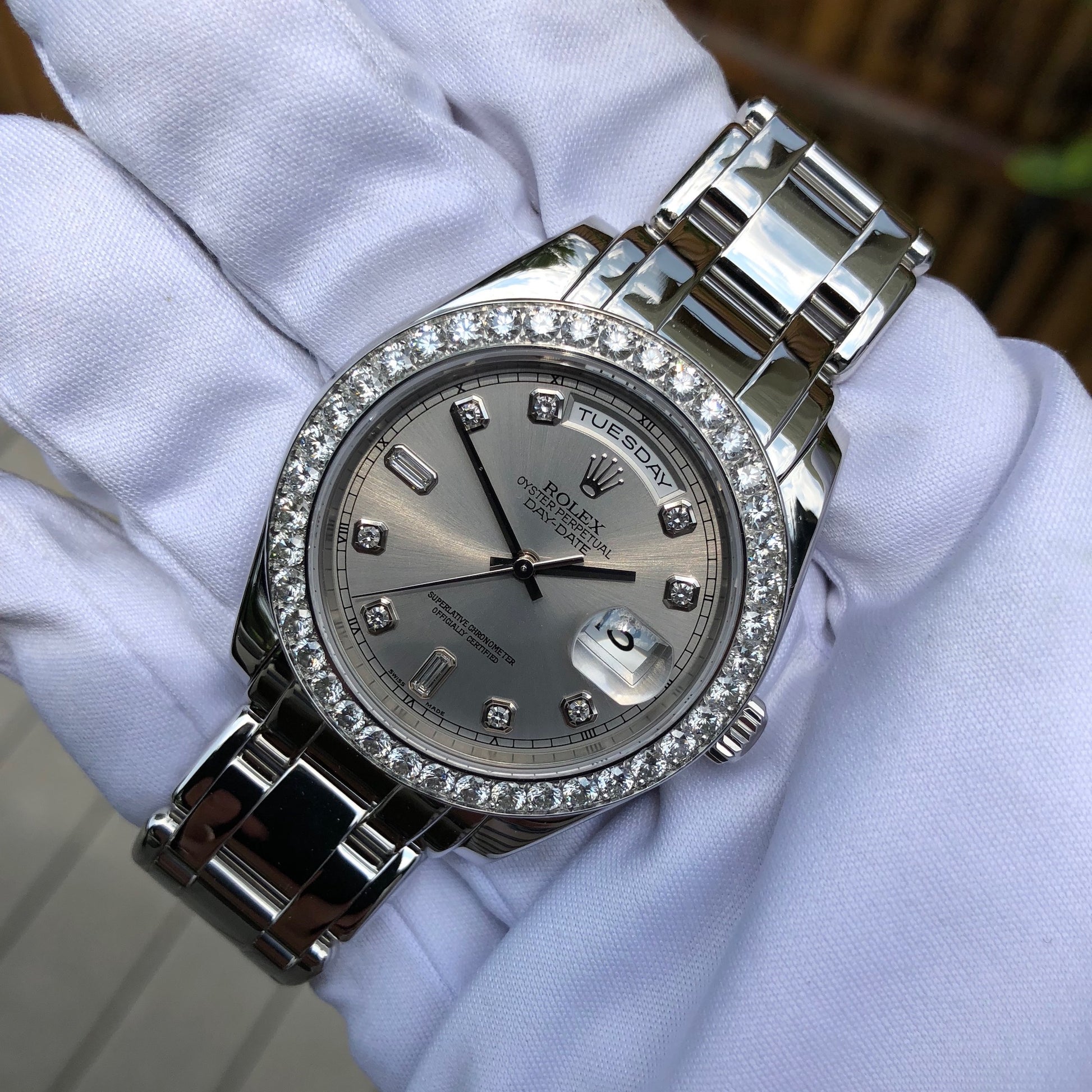 Rolex Pearlmaster 18946 Platinum 39mm Rhodium Serti Diamond Day Date Wristwatch Box & Papers - Hashtag Watch Company