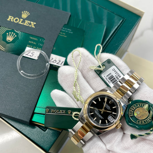 2021 Rolex Datejust 178243 Ladies Two Tone 31mm Midsize Black Stick Wristwatch Box Papers Factory Wrapped - Hashtag Watch Company