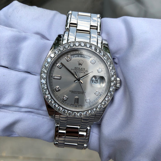 Rolex Pearlmaster 18946 Platinum 39mm Rhodium Serti Diamond Day Date Wristwatch Box & Papers - Hashtag Watch Company