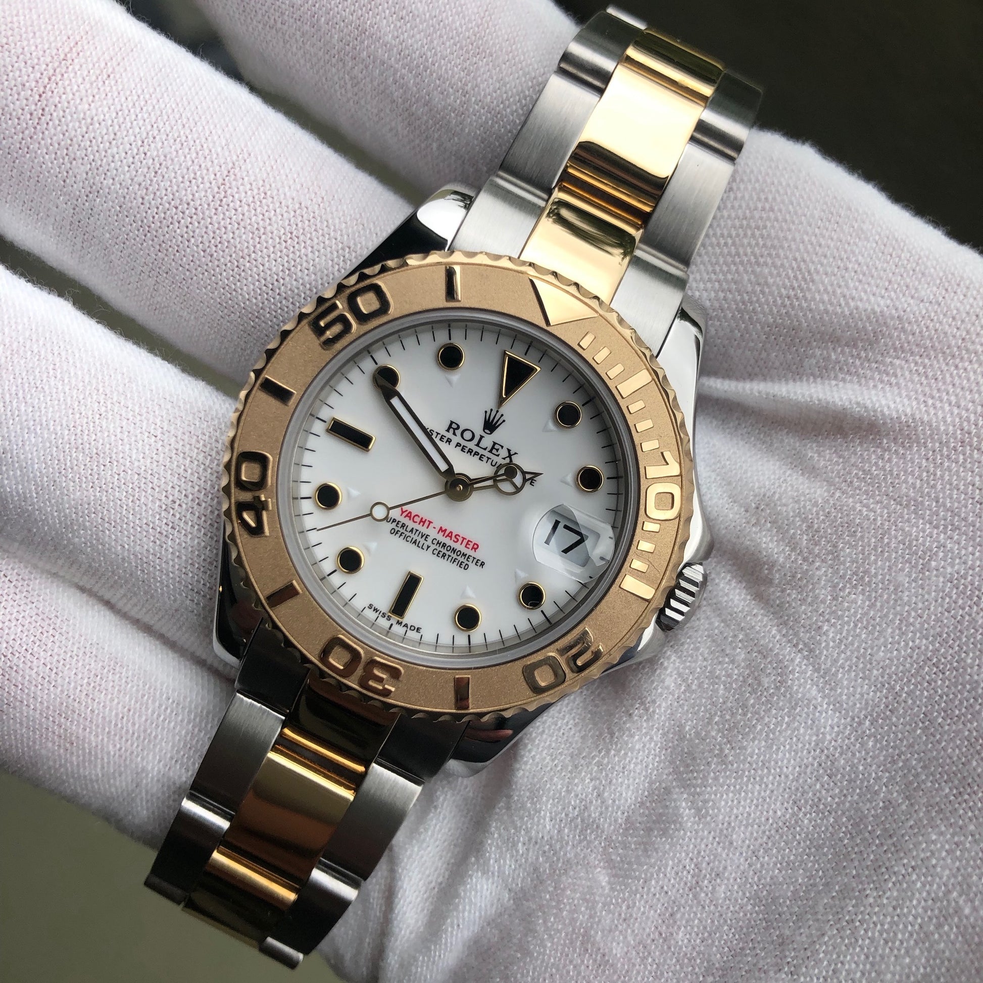 Rolex Yachtmaster 168623 Two Tone Steel Gold 35mm White Oyster Wristwatch Box Papers - Hashtag Watch Company