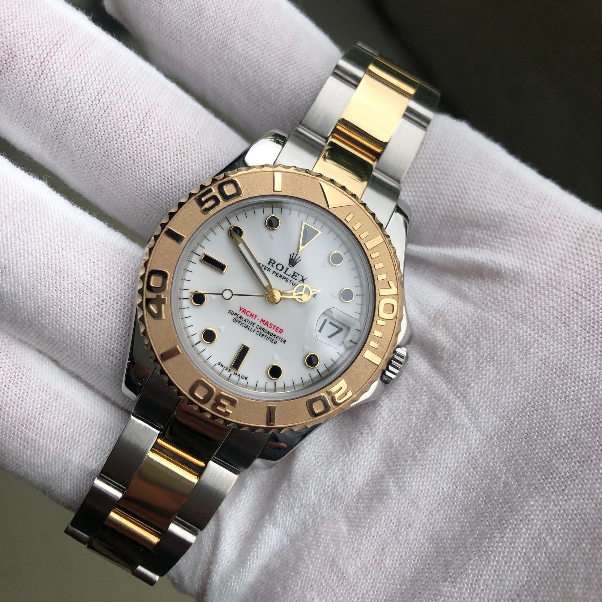 Rolex Yachtmaster 168623 Two Tone Steel Gold 35mm White Oyster Wristwatch Box Papers - Hashtag Watch Company